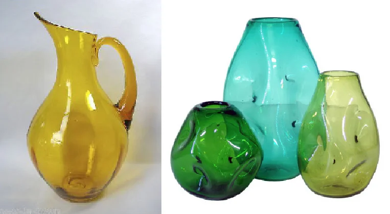 Classic Blenko designs by Winslow Anderson: a pitcher in amber, and a set of “Indent” vases.