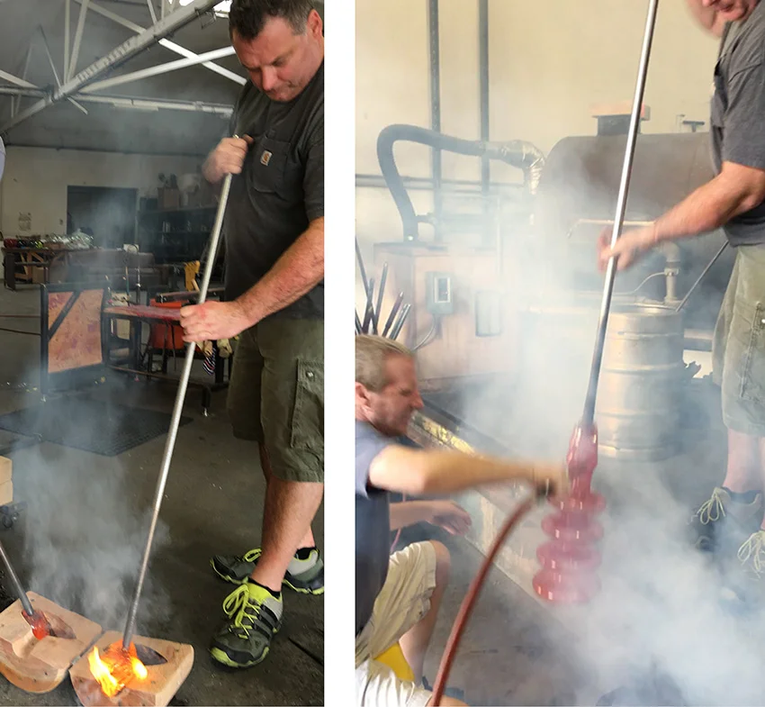 Guido Gerlitz burns in a cherry wood mold (left), and a just-blown "Take Five" is taken out of the steaming mold (right).
