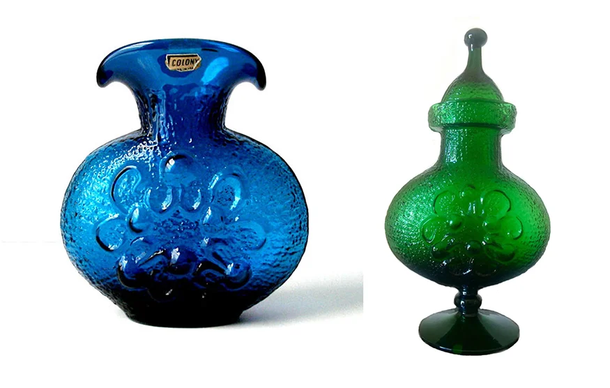 Antigua pitcher in copper blue, and footed Antigua jar in emerald green. Both were made from the same mold.