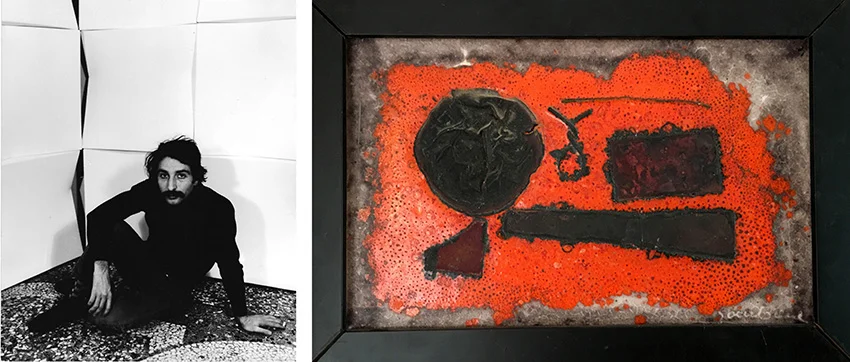 Bruno Gambone in 1969 (Photo: Agenzia Impress), and his wall tile that he gave to me while waiting for the Antigua molds to be further machined.