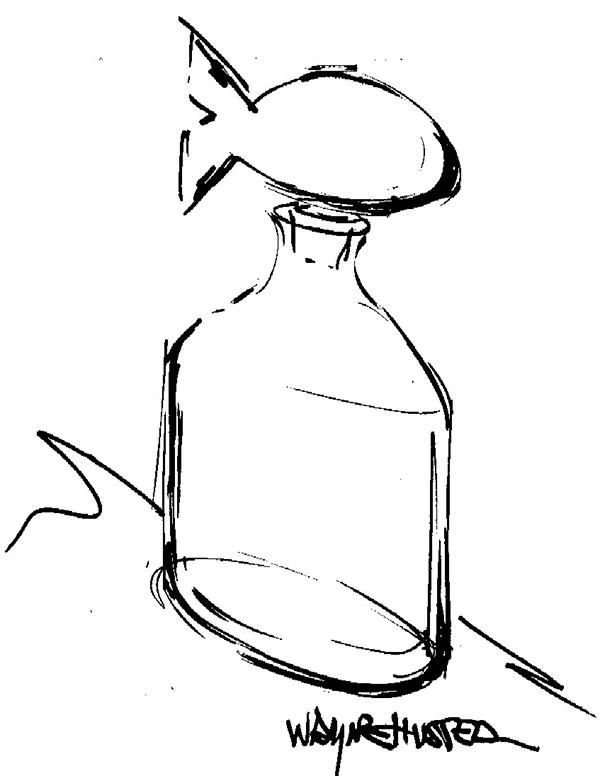 My sketch of the Pacific bottle with fish stopper.