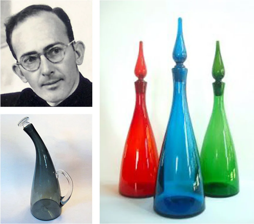 Winslow Anderson, as a young design director at Blenko. His radical "Neck Decanter" is shown on the left, and a trio of 920s are shown on the right.