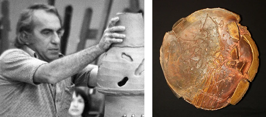 Peter Voulkos demonstrating at a workshop in Birmingham, Alabama, 1974, Courtesy of the Voulkos & Co. Catalogue Project. On the right, his "untitled Plate" plate (20" x 20") is an early example of a plate that is nonfunctional fine art. (Photo courtesy Duane Reed Gallery)