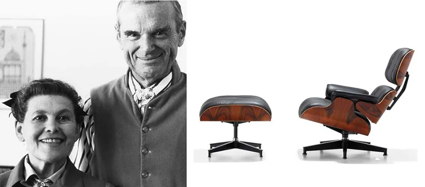 Ray and Charles Eames, and their famous Eames lounge chair. Photos © Eames Office LLC