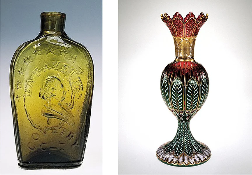 On the left: A common flask in olive amber, mold blown at Stebbins and Stebbins in Connecticut, circa 1824. Collection of the Corning Museum of Glass. On the right: An elitist cut and gilded vase, blown from four layers of glass, made by the New England Glass Company, probably for display at the 1853 New York world’s fair. Collection of the Corning Museum of Glass.