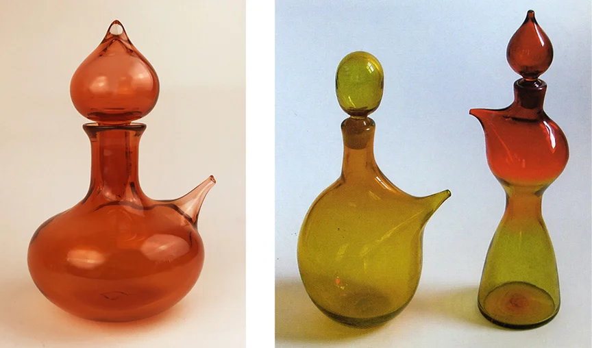 The "Night in Tunisia" genie decanter from my current Jazz in Glass Series (on the left) reprises the non-functioning, pulled-out spouts of the 1959 decanters. Photo on the right by Gordon Harrell.