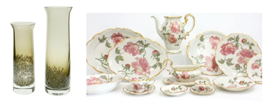 Left: Mid century glassware by Schott Zweisel. Right: Pompadour Rigoletto dinnerware by Rosenthal.