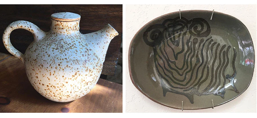I threw the teapot on the left during that summer with Harding Black. Note the speckled surface typical of Elmendorf clay. The ram platter on the right was also created at the time. (From my private collection.)