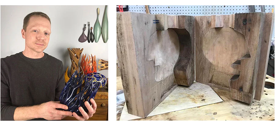 Wood sculptor Chad Eames in his studio, Chad Eames Woodworks, in Lexington, Kentucky. On the right, the cherry mold that Chad carved for the new Lazarus II decanter.