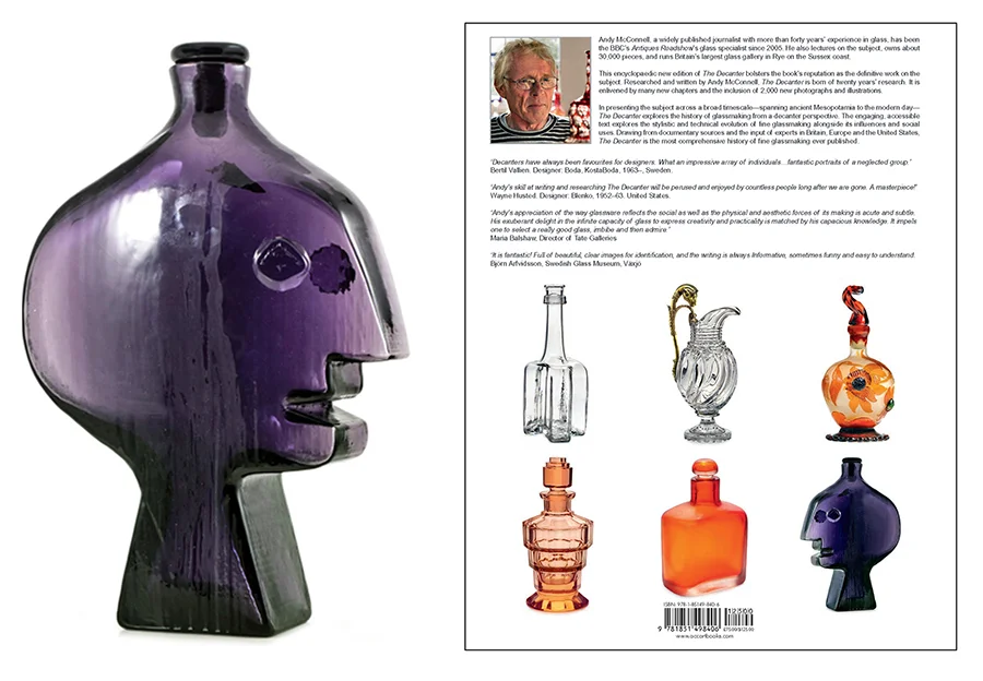On the left, the rare purple head decanter that showed up at an auction in London. Andy McConnell, who found the decanter is author of THE DECANTER book. He searched for and found me, and added a chapter about my vintage decanter designs for Blenko just before the book went to press.