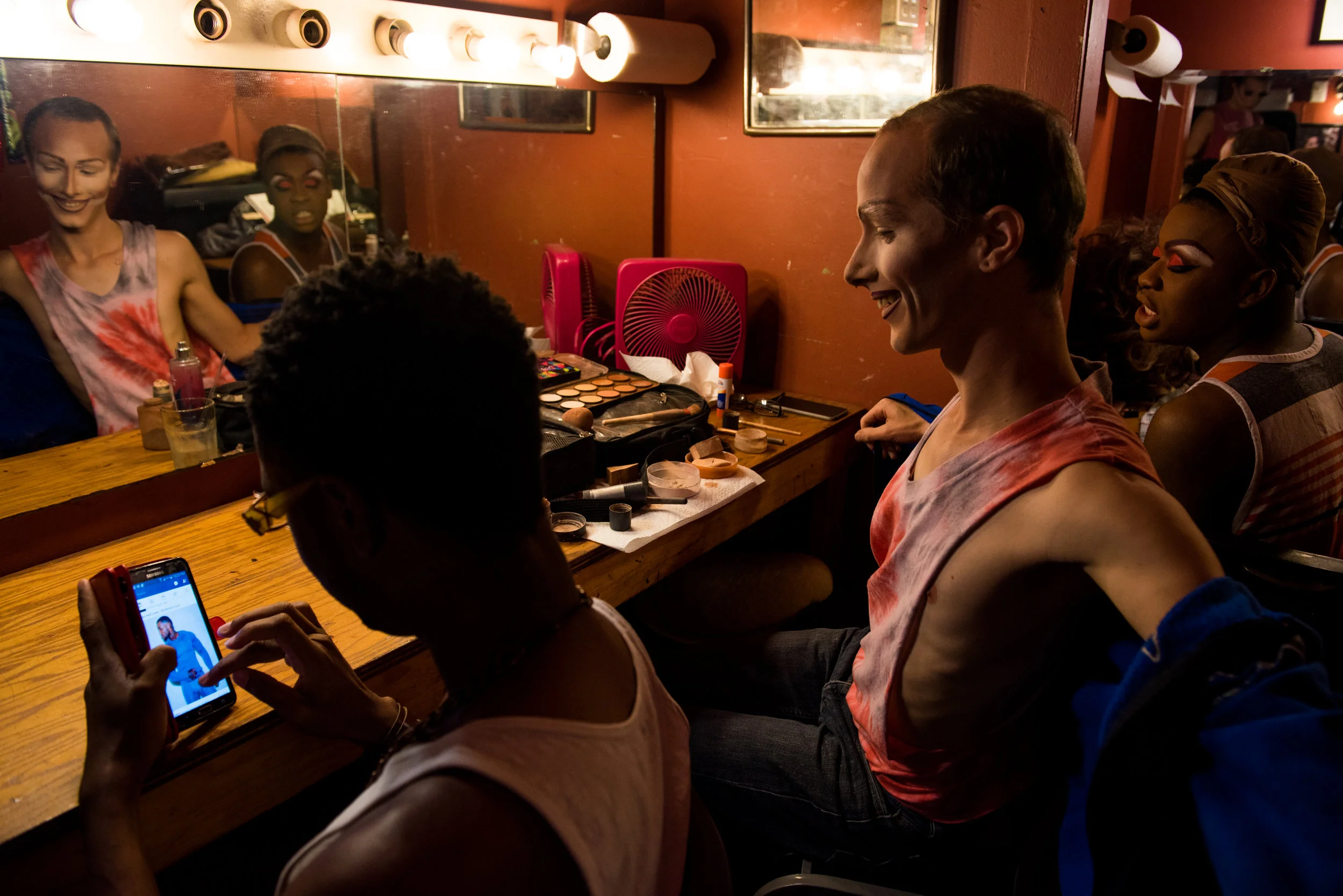 Koedam laughs and leans over to look at a photo on Facebook. Though he said he usually keeps to himself while transforming into Rachel, he sometimes breaks concentration to chat and gossip with other queens. “The dressing room is an explosion of energy and witty banter that you never really get used to," Koedam said.