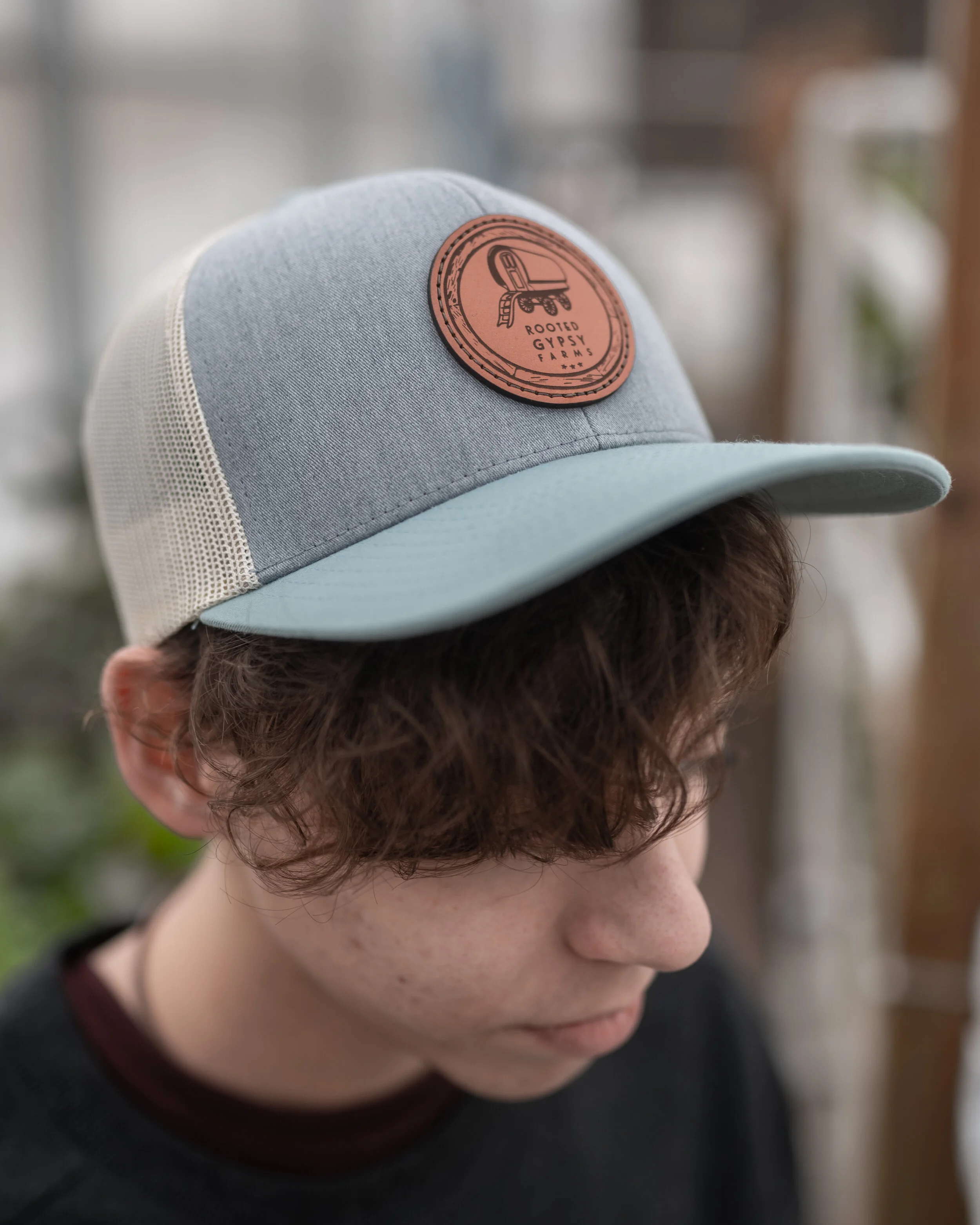 Denim Blue hat with Leather Patch 