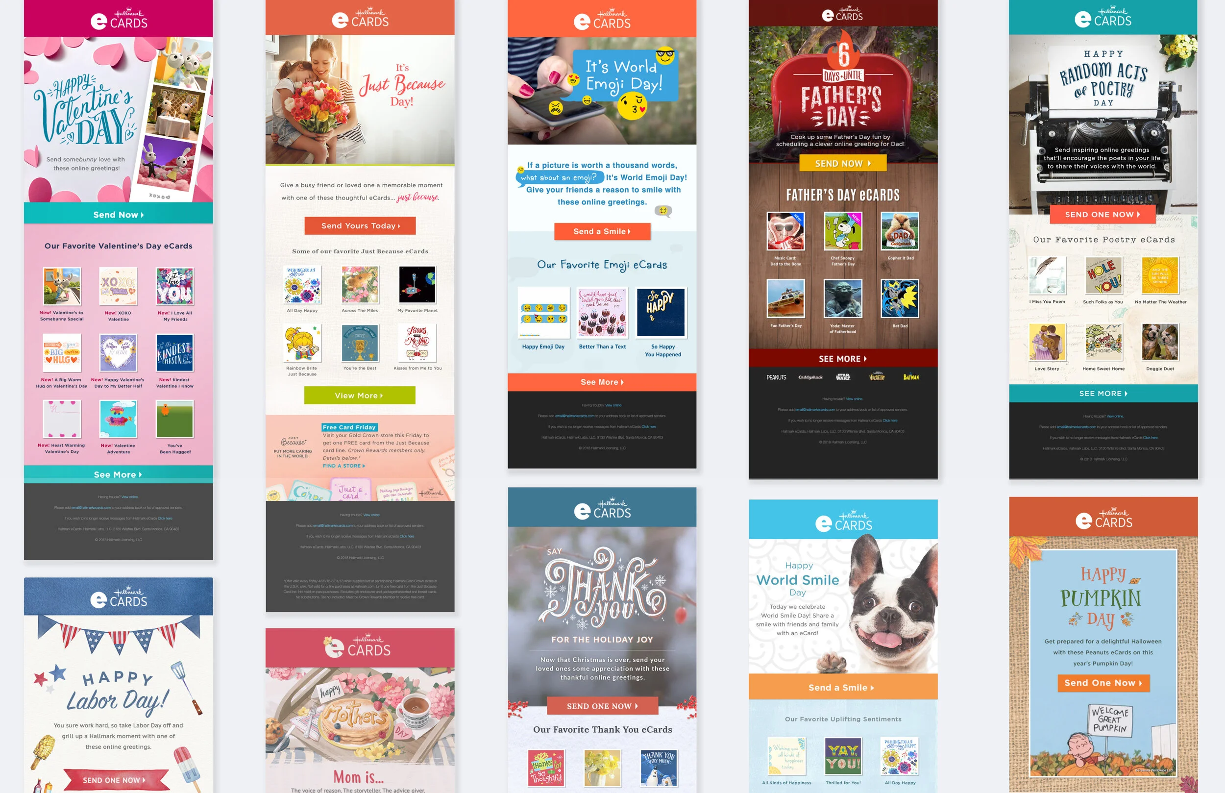 Selection of email designs. Art work provided by the eCards production team and Hallmark asset library.