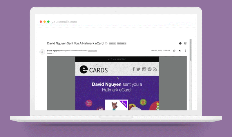 Recipient Sandra receives an eCard from sender David. Sandra has an opportunity to send an affirming thank you message to David. She activates the process by clicking on the ride-along attached to the bottom to the “You Got an eCard” transactional e…