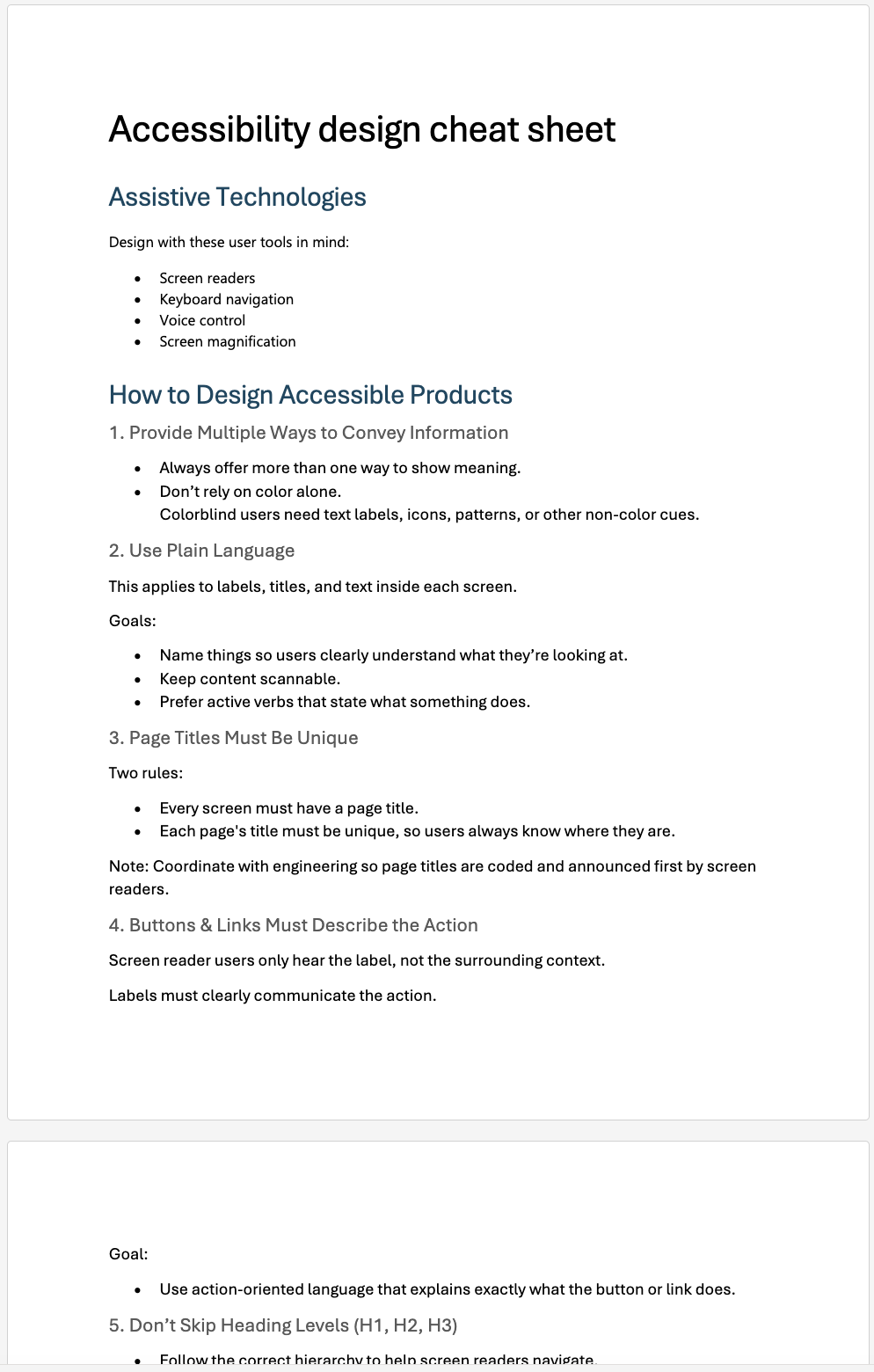  A quick-reference guide I created so designers could build accessibly day-to-day — without digging through the WCAG spec or coming to me each time. It distills the essentials: design for assistive tech, don't rely on color alone, use plain language,