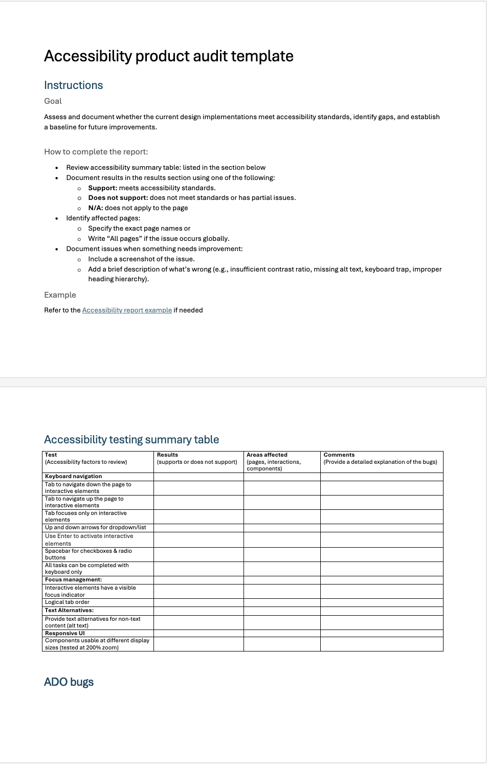   The Accessibility Audit Template  — This artifact serves as the standard anchoring our entire product workstream. It translates dense WCAG 2.1 guidelines into concrete, repeatable checks that any designer can immediately execute.  Based on user fee
