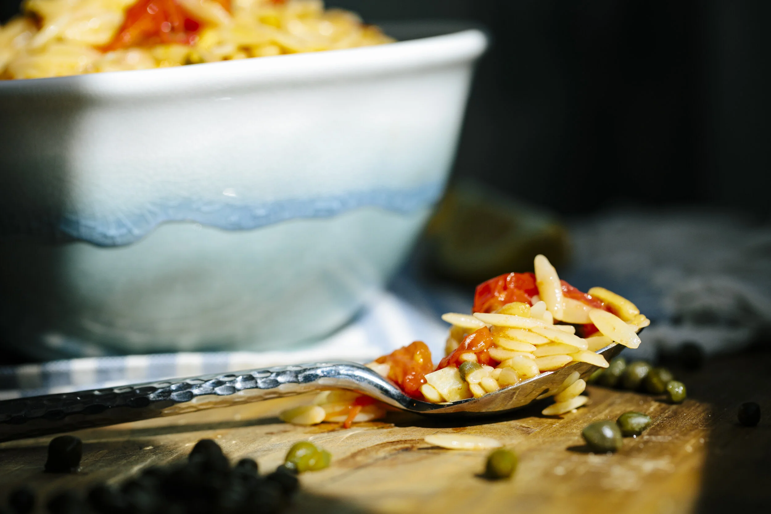 ORZO WITH TOMATOES + CAPERS + LEMON