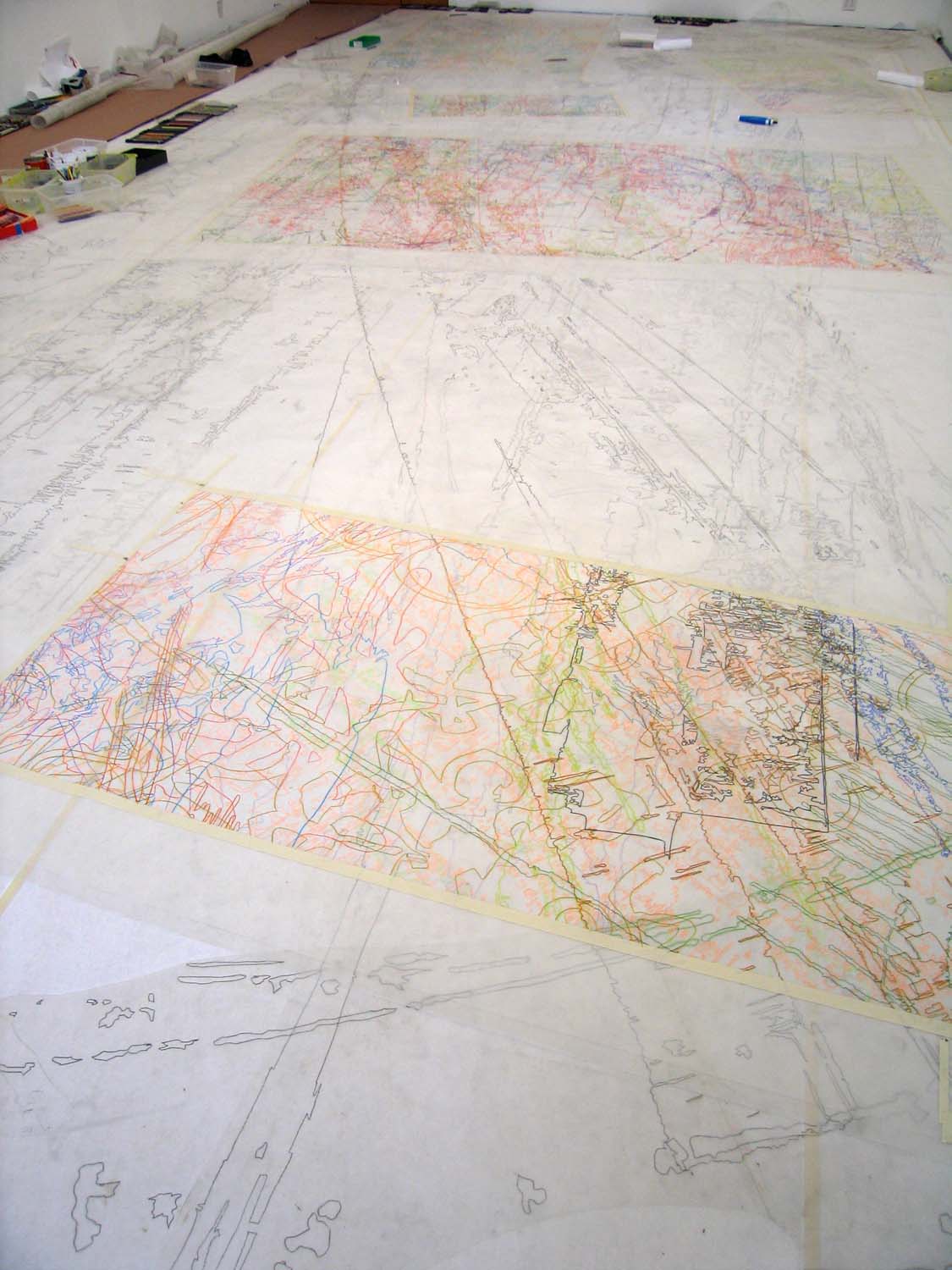 Color pencil drawings in process, 2007