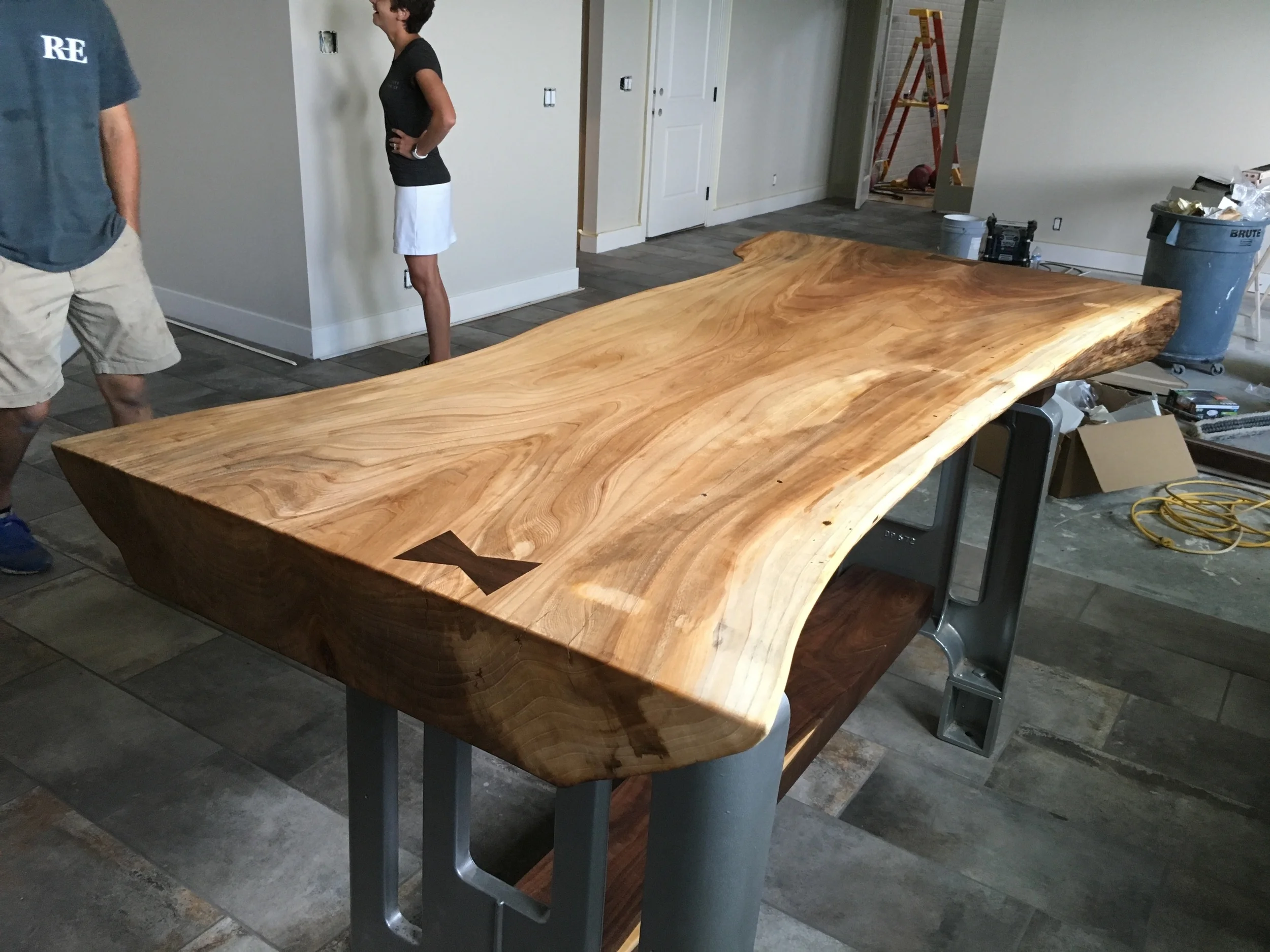 Live Edge American Elm with black walnut Dutch keys mounted to a cast iron base from an industrial lathe. Created by Reclaimed Enterprises. 
