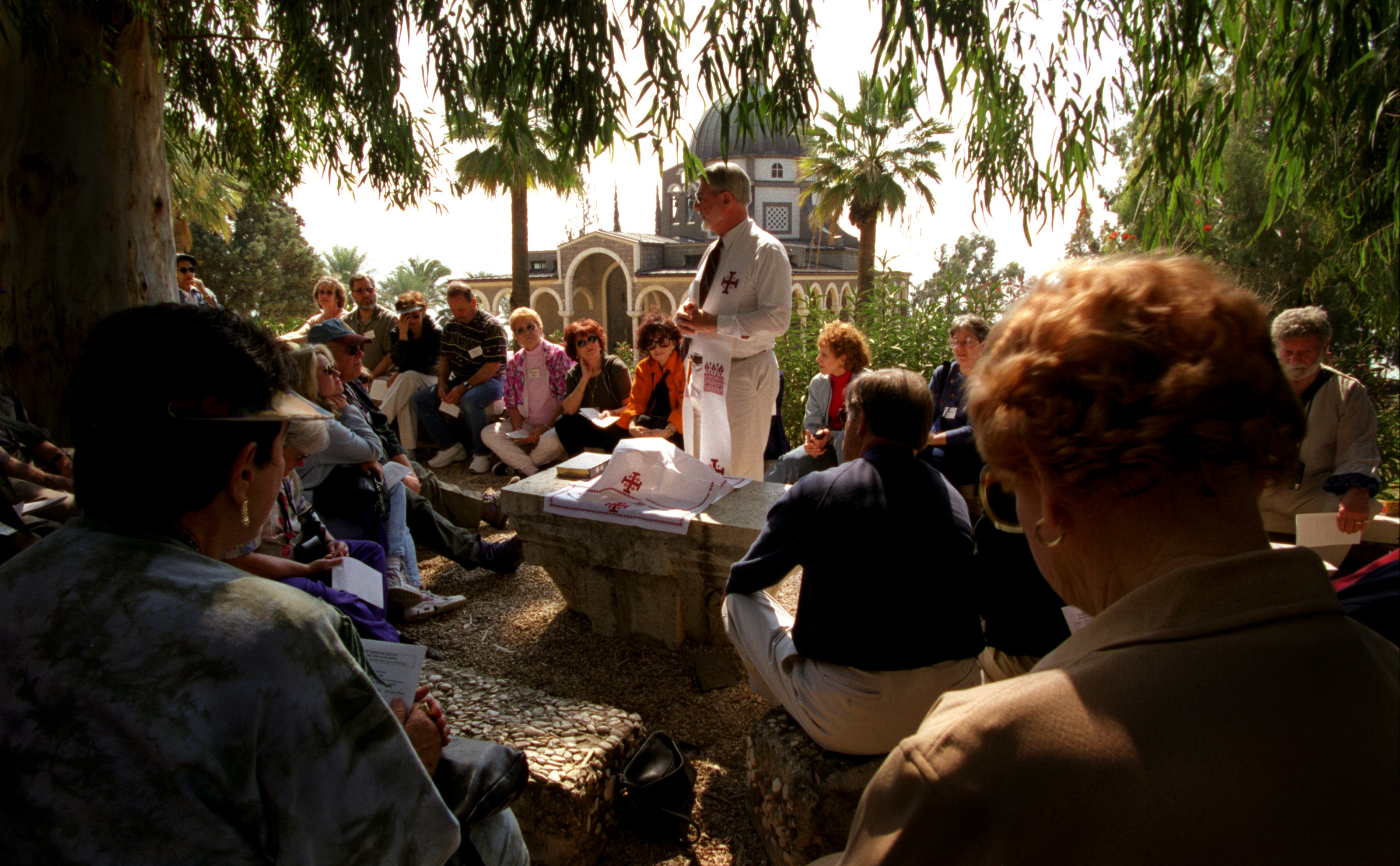  It was on this mountain, overlooking the Sea of Galilee, that Jesus gave the "Sermon on the Mount" And it was here, during the Holy Land visit, that Rev. Robert Shepard led Sunday service on Mt. Beatitudes to Orange County Interfaith group of Jews, 