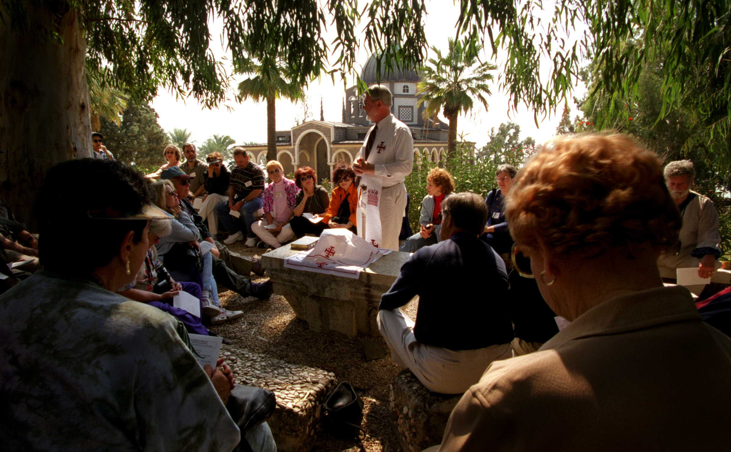 It was on this mountain, overlooking the Sea of Galilee, that Jesus gave the "Sermon on the Mount" And it was here, during the Holy Land visit, that Rev. Robert Shepard led Sunday service on Mt. Beatitudes to Orange County Interfaith group of Jews, Christians and Muslims. ©Gail Fisher Los Angeles Times