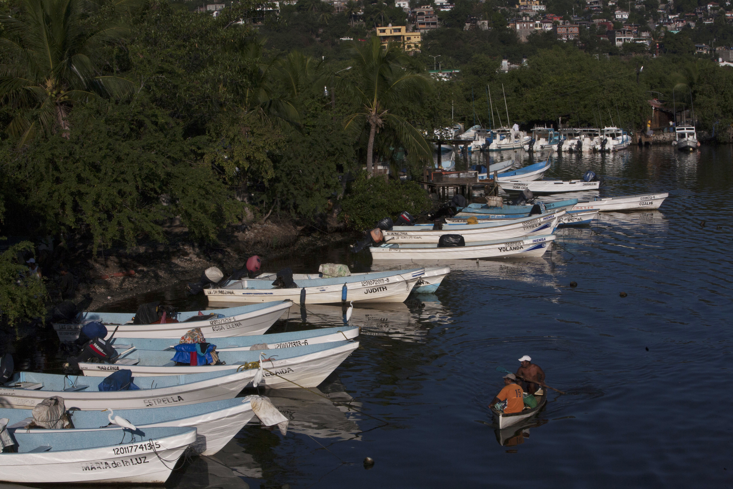  Fishing boats line the inlet leading to the Muelle Pier where water taxis ferry tourists to Playa Las Gatos, a popular beach for snorkeling, located across Zihuatanejo's Bay for 40 peso or $3 USD. ©Gail Fisher 