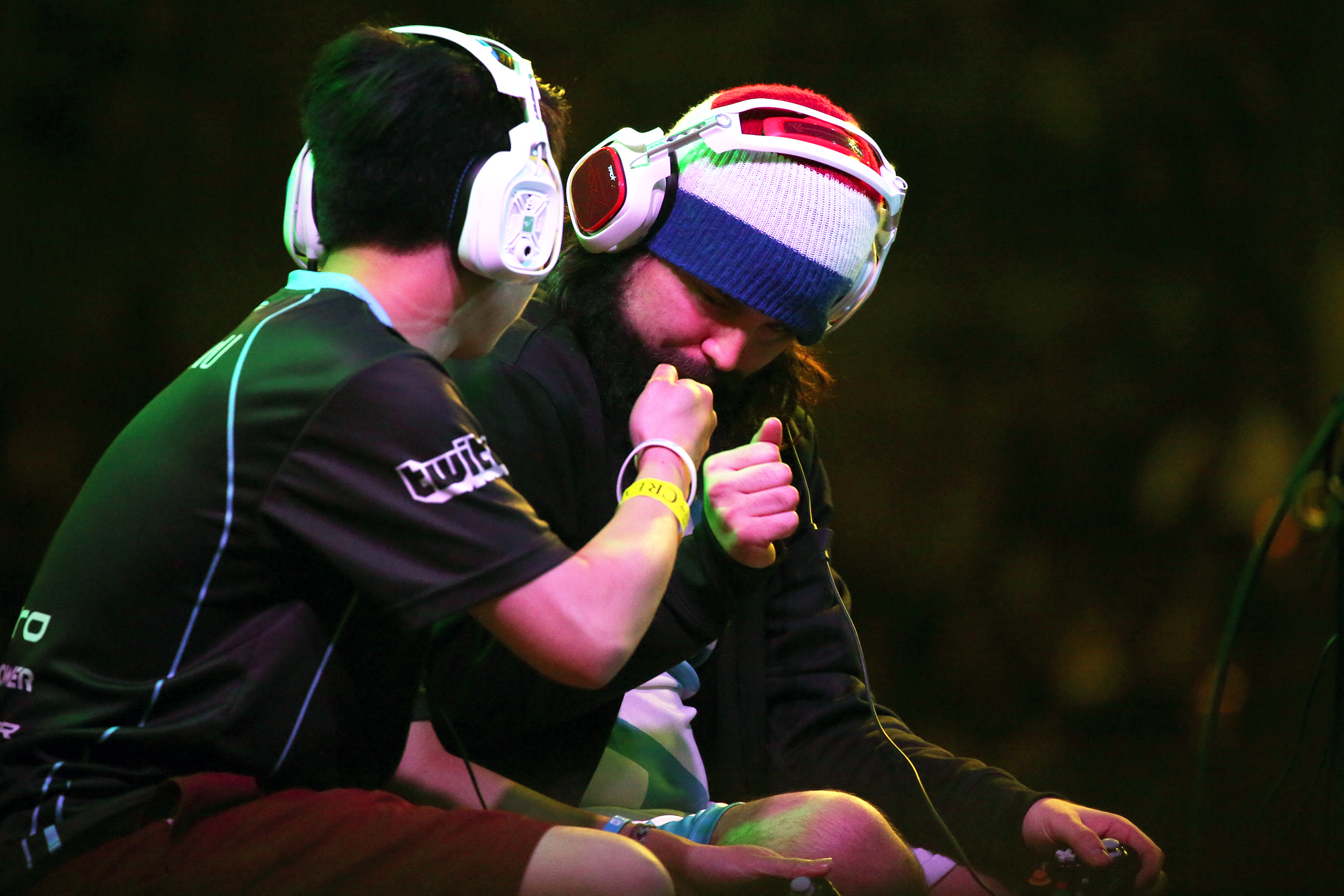  CLG Kevin “PewPewU” Toy and C9 Joseph “Mango” Marquez fist bump before their match in the Super Smash Bros. Melee top eight loser’s bracket. © Gail Fisher for ESPN 