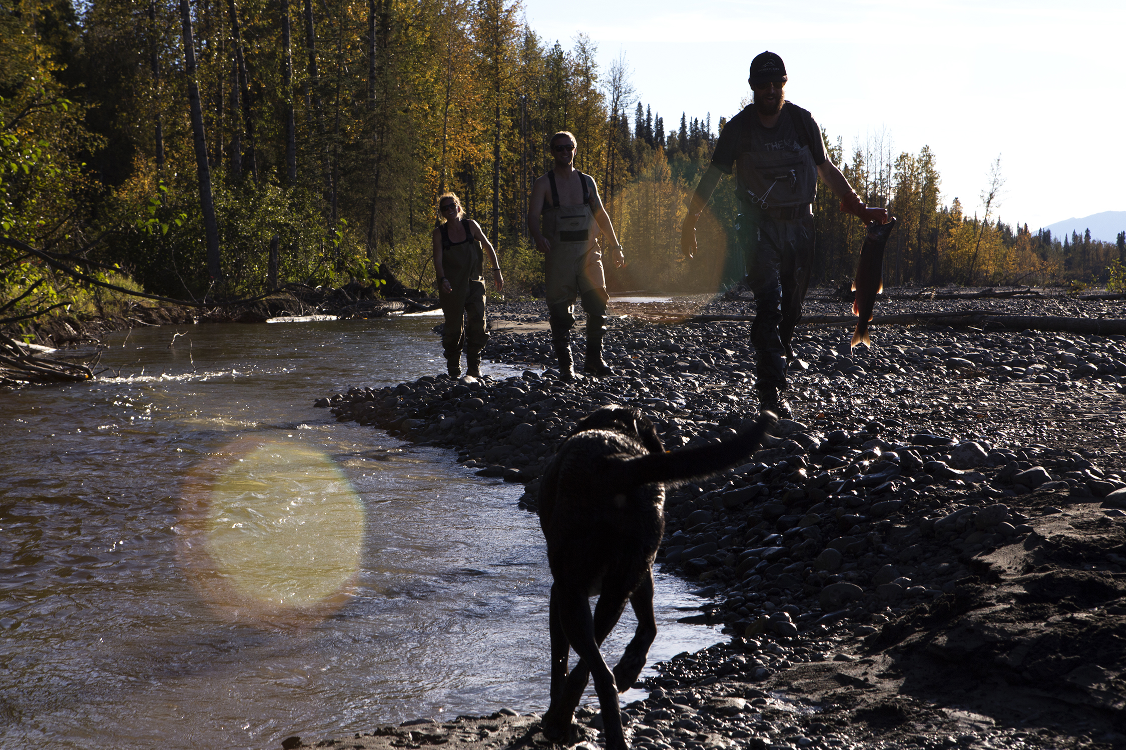  Jensen Heabler, Austin and Whitney Krempin enjoy the autumn afternoon hiking and catching Silvers and Reds along a stream outside Talkeenta, Alaska. © Photo by Gail Fisher 
