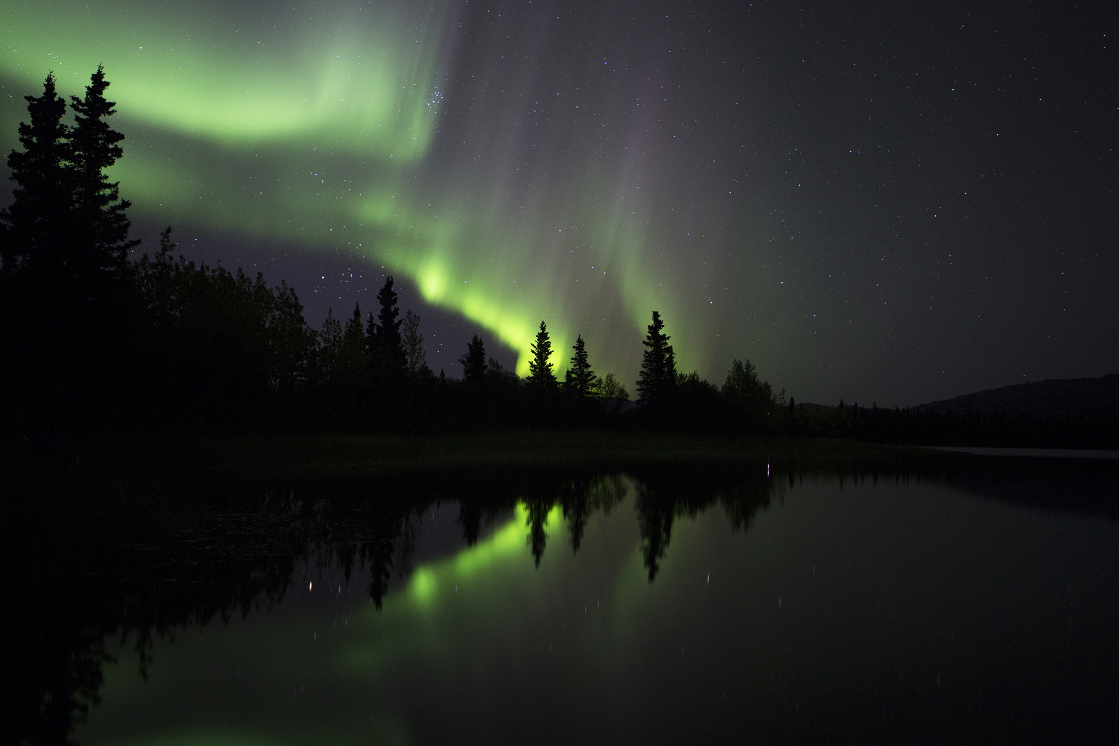  Aurora Borealis also known as the Northern Lights, are collisions between gaseous particles in the Earth's atmosphere with charged particles released from the sun's atmosphere seen from the shore of Otto Lake a couple miles from Healy, Alaska. © Pho