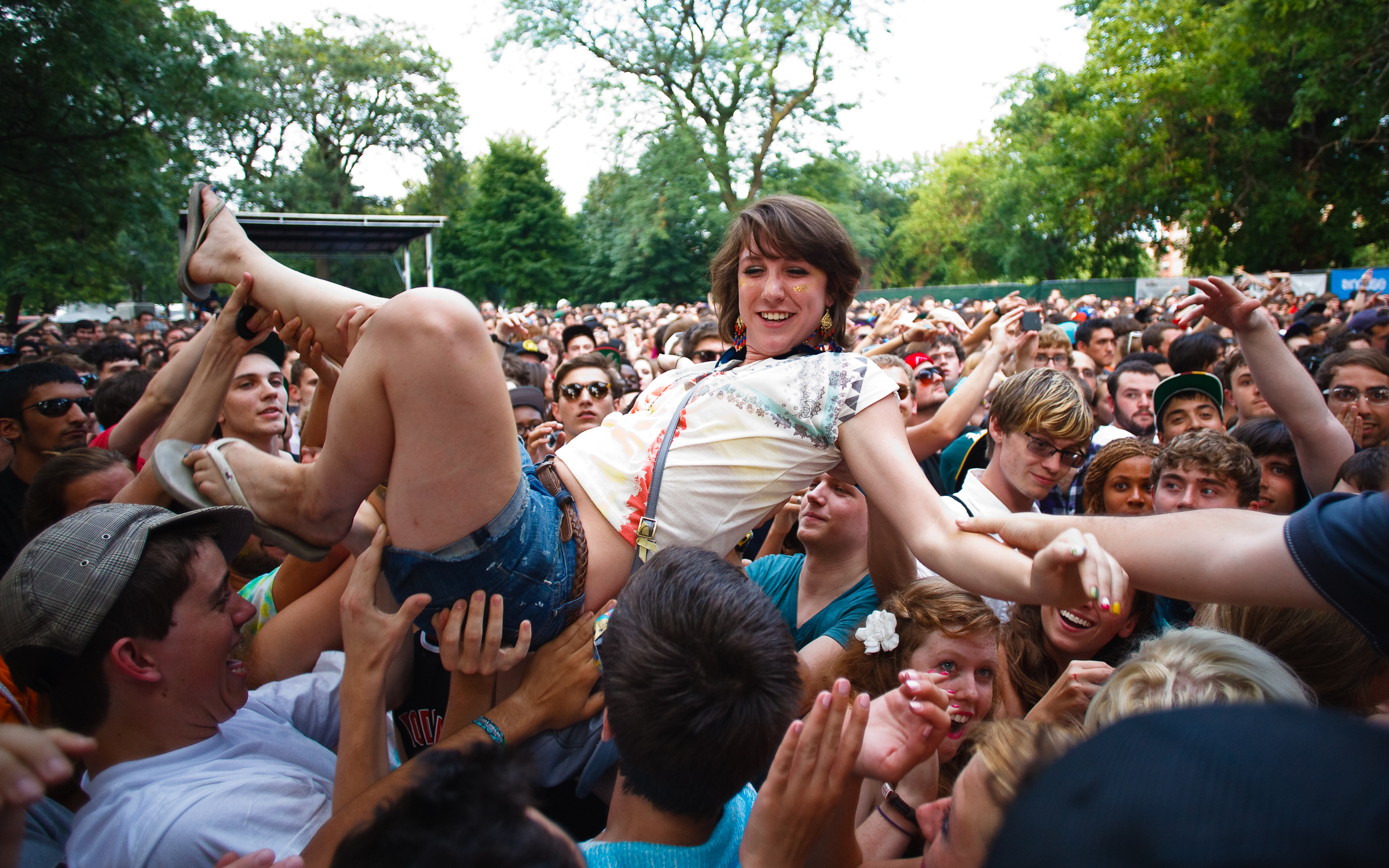  A woman crowd surfs during the Pitchfork Music Festival in Chicago, Ill., July 15, 2011. 