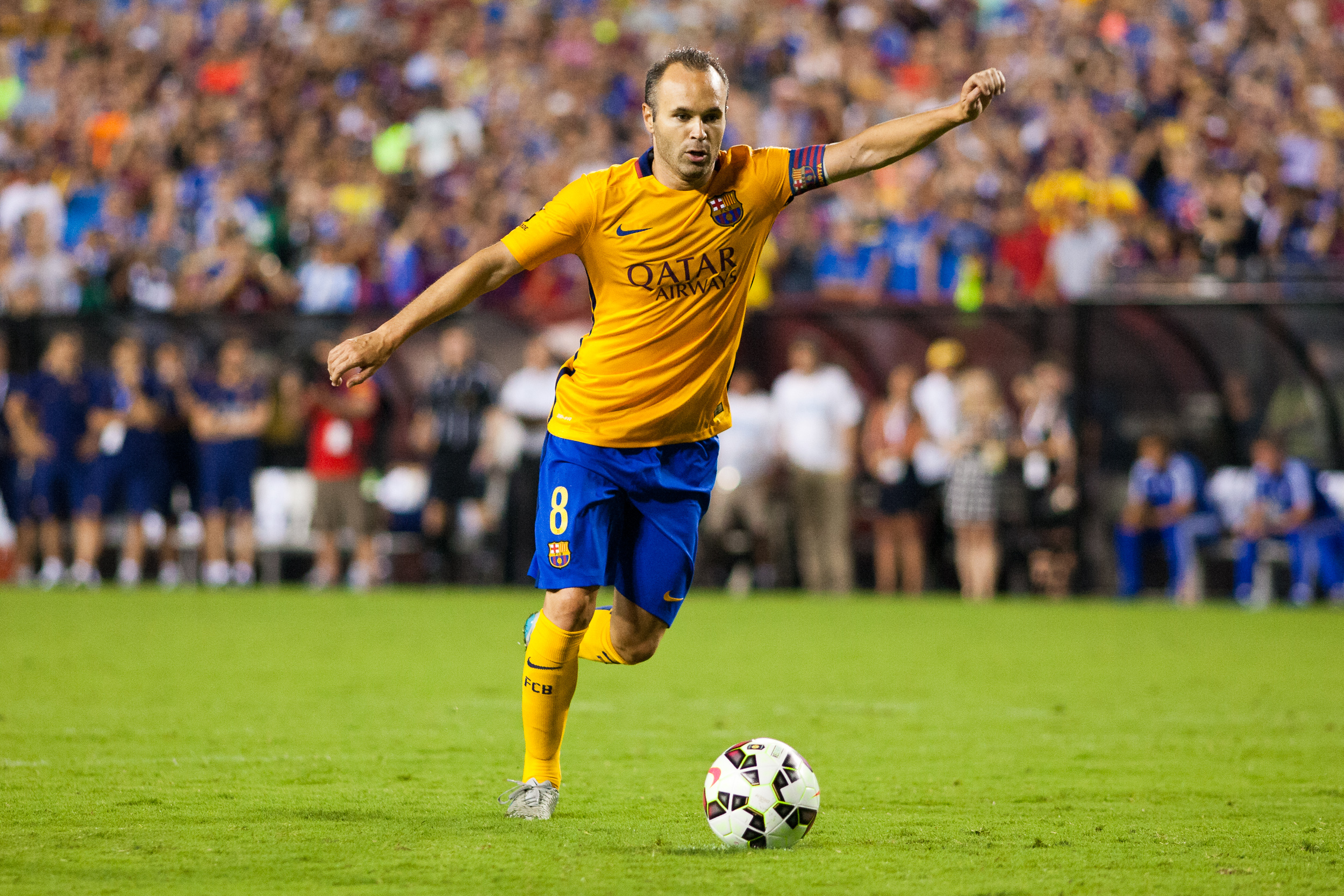  FC Barcelona’s Andres Iniesta takes a penalty kick vs. Chelsea FC at FedEx Field in Landover, MD, July 28, 2015. 