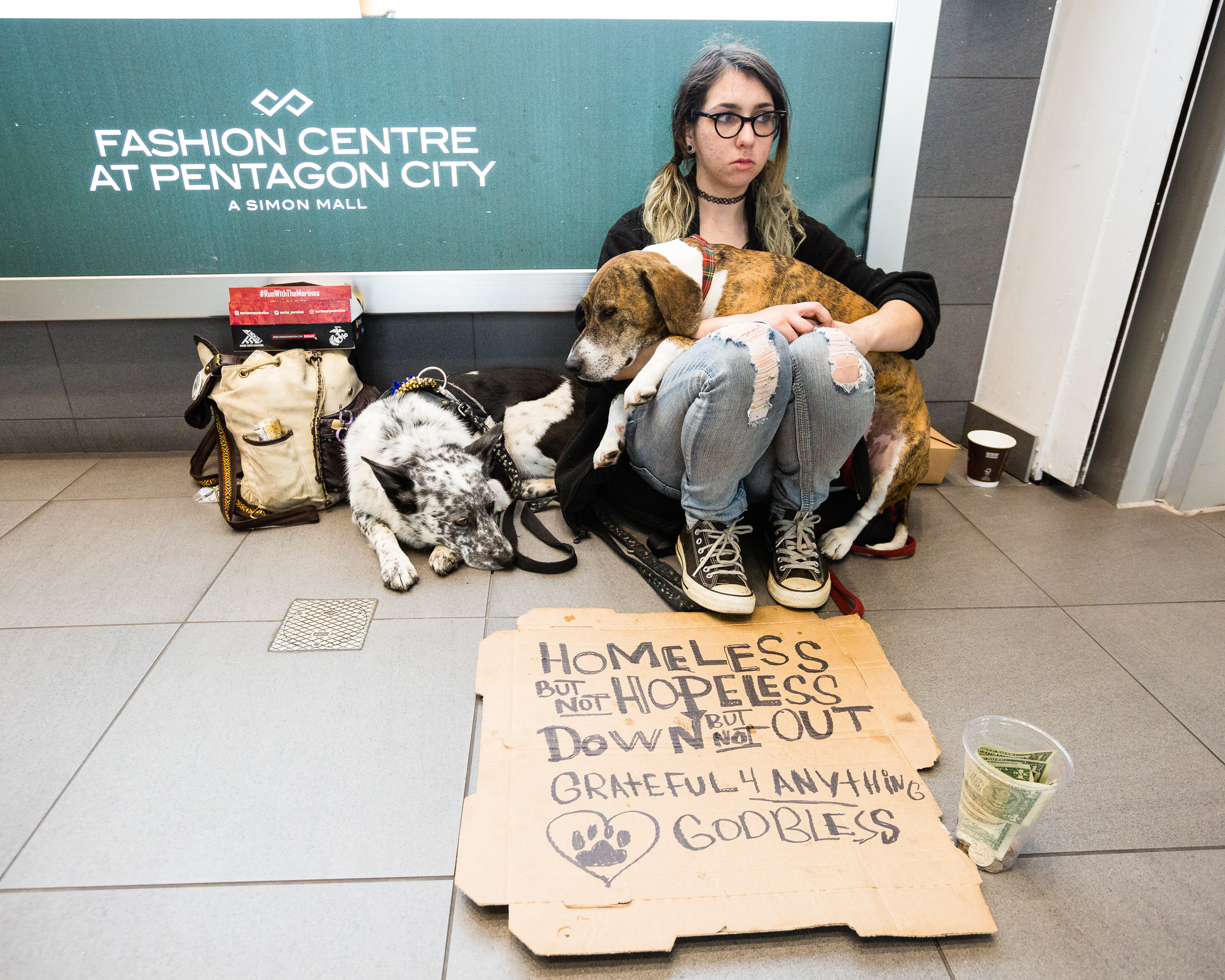  A homeless woman sits with her dogs at Pentagon City mall in Arlington, Va., Oct. 30, 2016. 