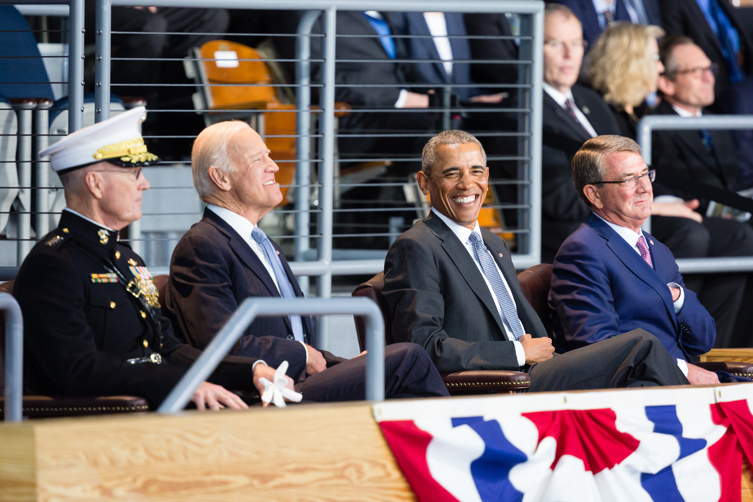  Chairman of the Joint Chiefs of Staff Gen. Joseph F. Dunford, Vice President Joe Biden, President Barack Obama, and Secretary of Defense Ash Carter take part in the Armed Forces Full Honor Review Farewell to President Obama at Joint Base Myer-Hender