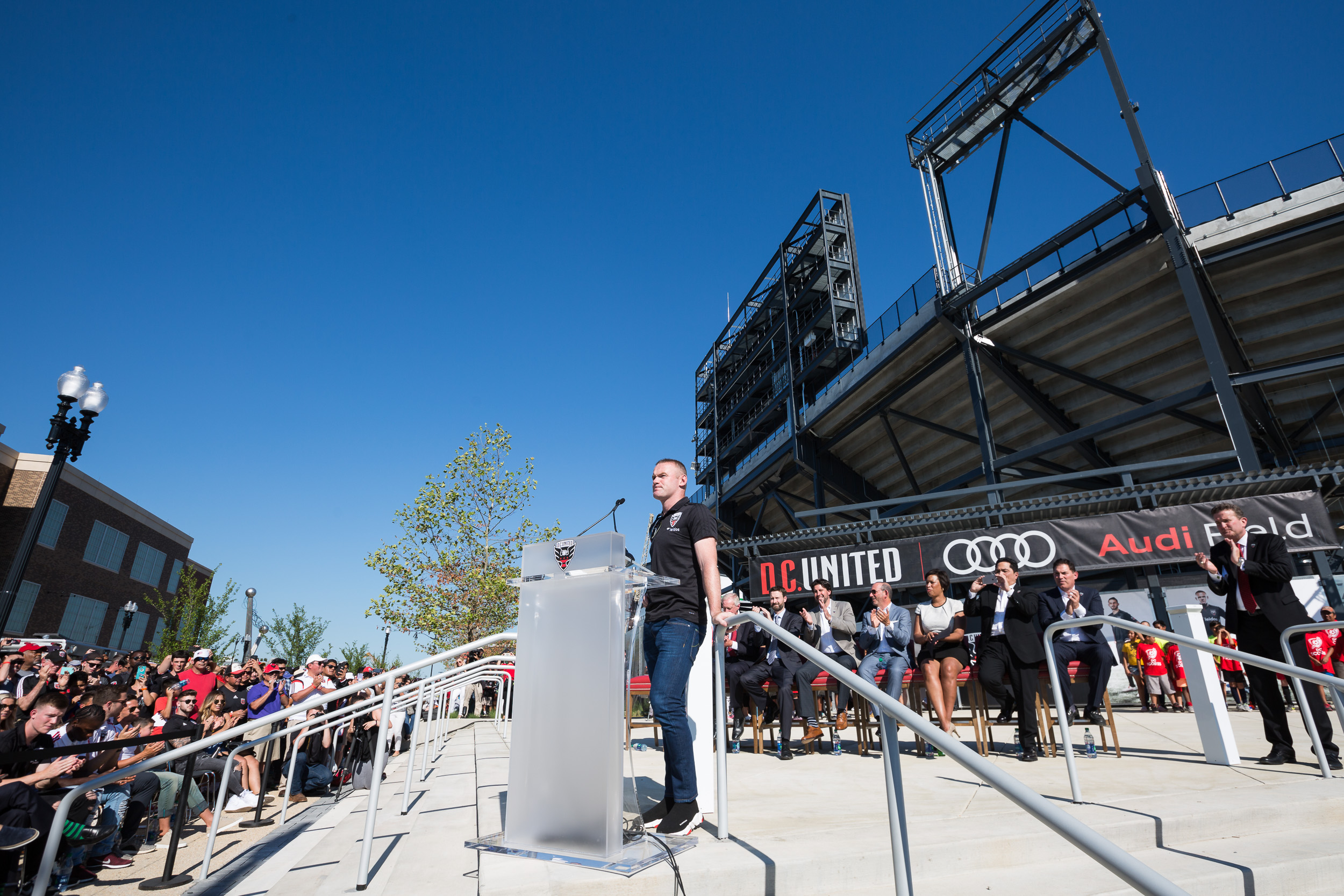  D.C. United forward Wayne Rooney speaks during the Audi Field ribbon-cutting ceremony in Washington, DC., July 9, 2018. 