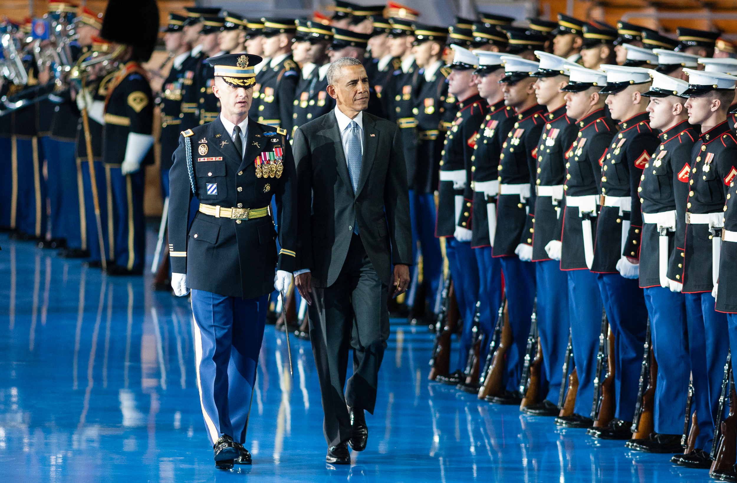  President Barack Obama inspects troops during the Armed Forces Full Honor Review Farewell at Joint Base Myer-Henderson Hall in Arlington, Va., Jan. 4, 2017. 