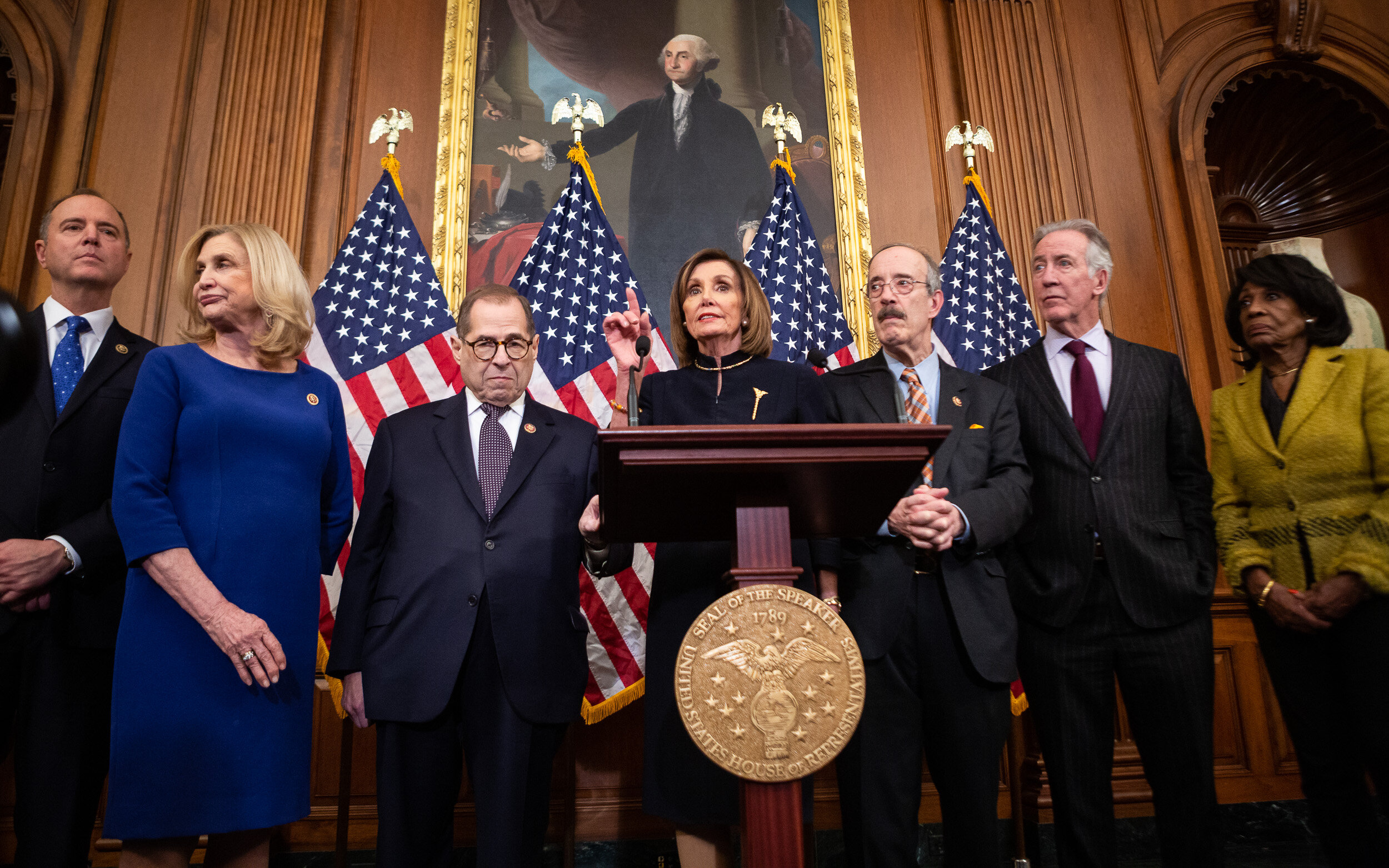  Speaker Nancy Pelosi (D-Calif.) and House committee leaders hold a news conference at the U.S. Capitol after the House passed two articles of impeachment against President Donald Trump Dec. 18, 2019. 