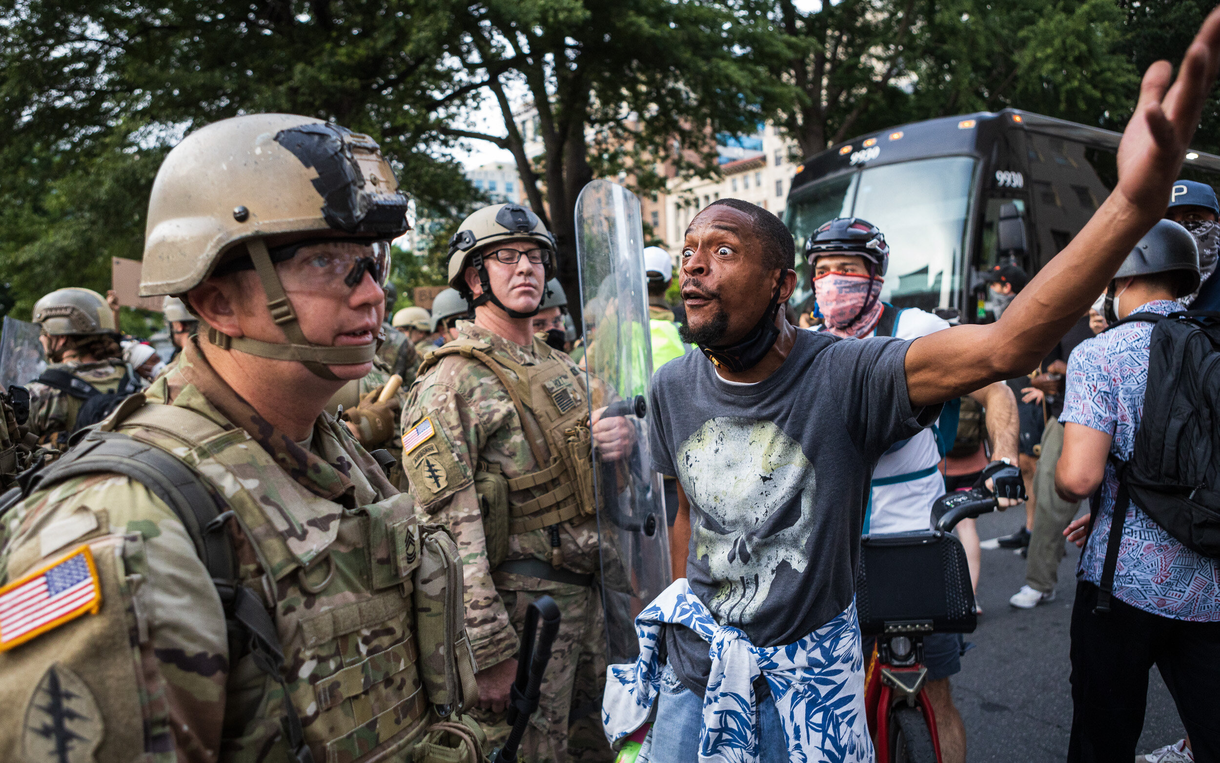  A protester confronts National Guardsmen in downtown Washington, D.C. during a demonstration in reaction to the death of George Floyd June 3, 2020. 