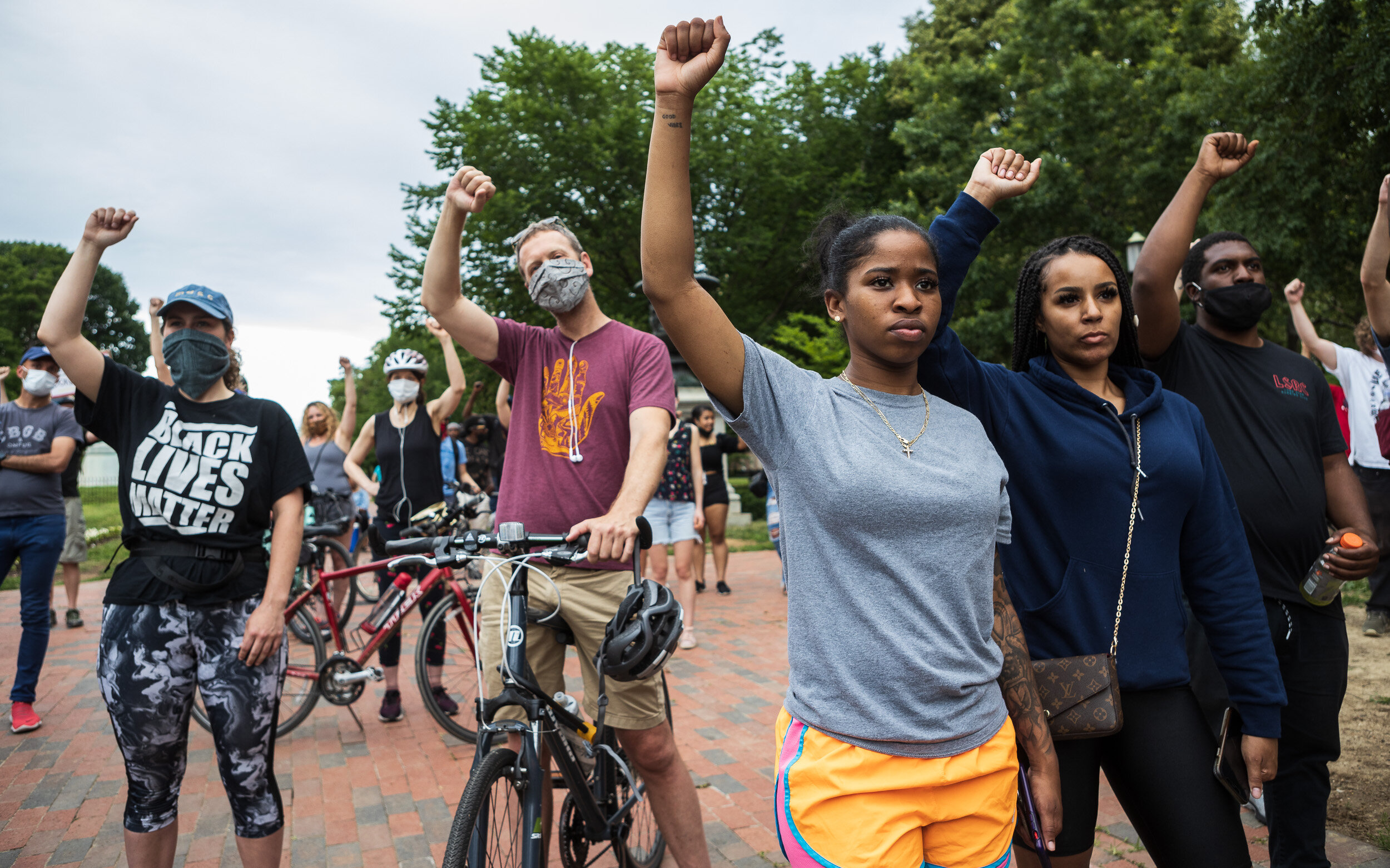  Protesters demonstrate in the newly reopened Lafayette Square June 11, 2020. The park, just north of the White House, had been closed for nine days during mass protests after the death of George Floyd.  