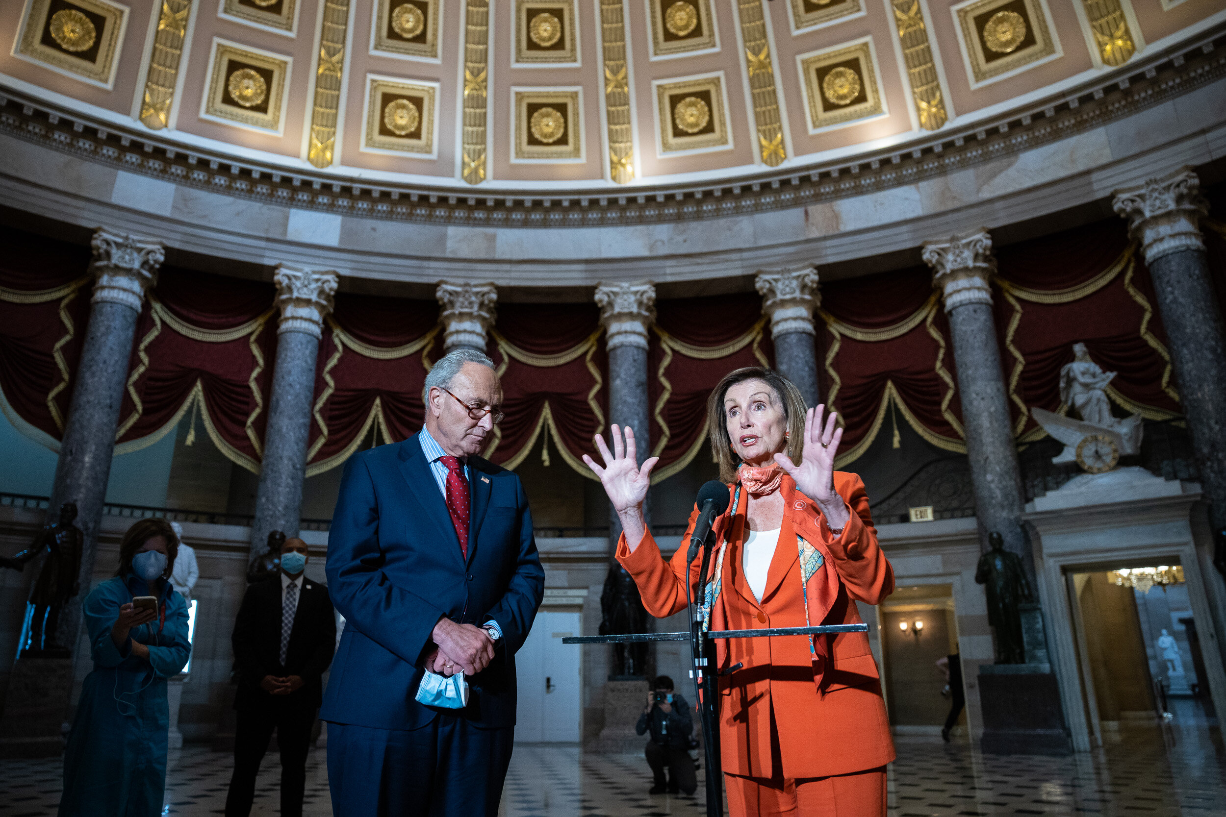  Senate Minority Leader Chuck Schumer (D-N.Y.) and House Speaker Nancy Pelosi (D-Calif.) discuss the status of coronavirus relief negotiations with the White House at the U.S. Capitol Aug. 4, 2020.  