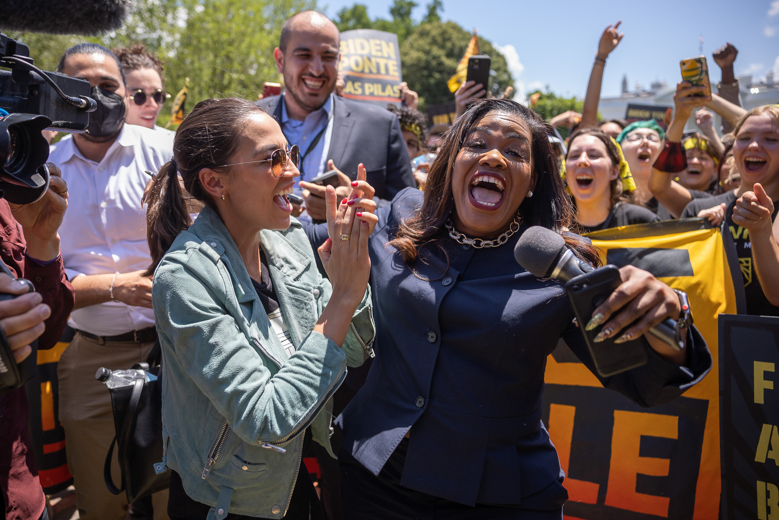  Reps. Alexandria Ocasio-Cortez (D-N.Y.) and Cori Bush (D-Mo.) rally with climate activists from Sunrise Movement in Lafayette Square near the White House June 28, 2021.  