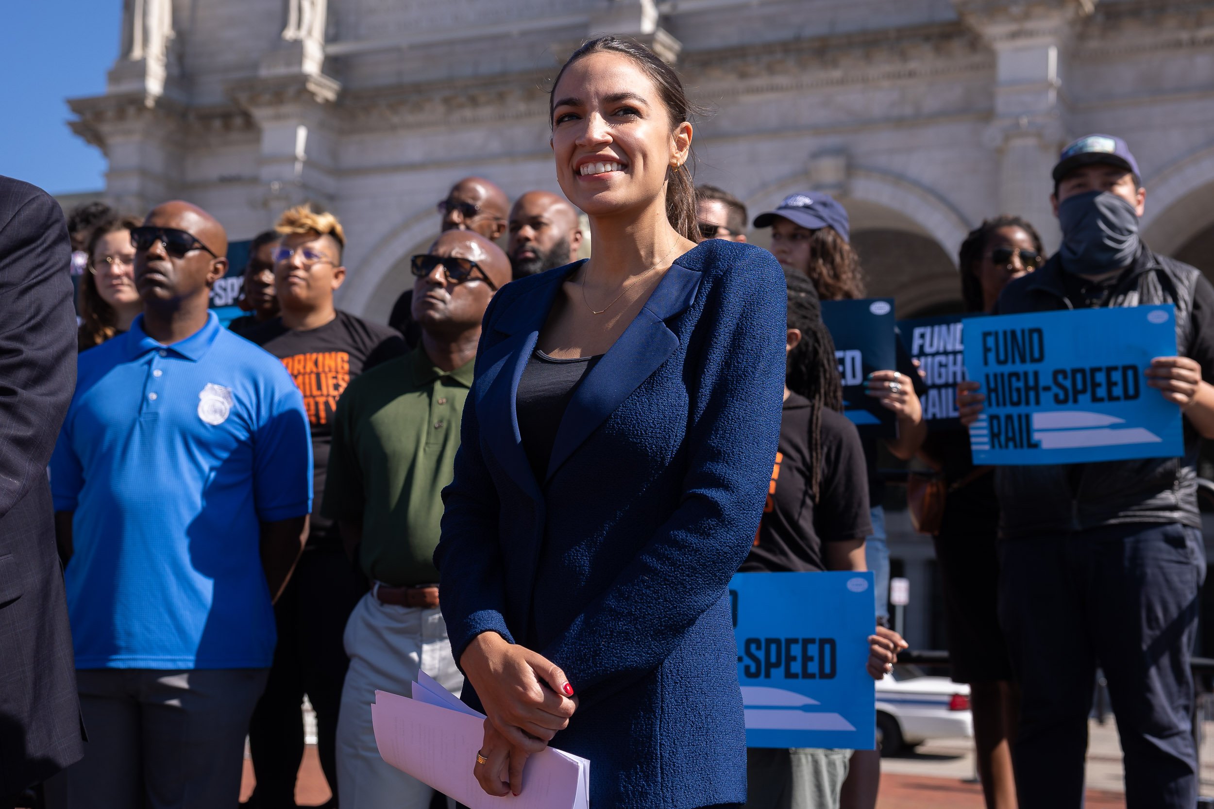  Rep. Alexandria Ocasio-Cortez (D-N.Y.) rallies in support of funding for high-speed rail with Teamsters and climate activists outside Union Station in Washington, D.C., June 16, 2021. 