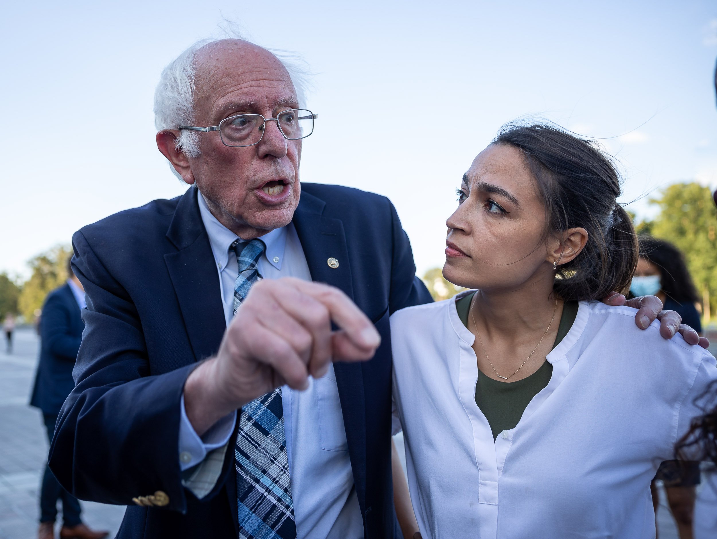  Sen. Bernie Sanders (I-Vt.) and Rep. Alexandria Ocasio-Cortez (D-N.Y.) on Capitol Hill Aug. 2, 2021. 