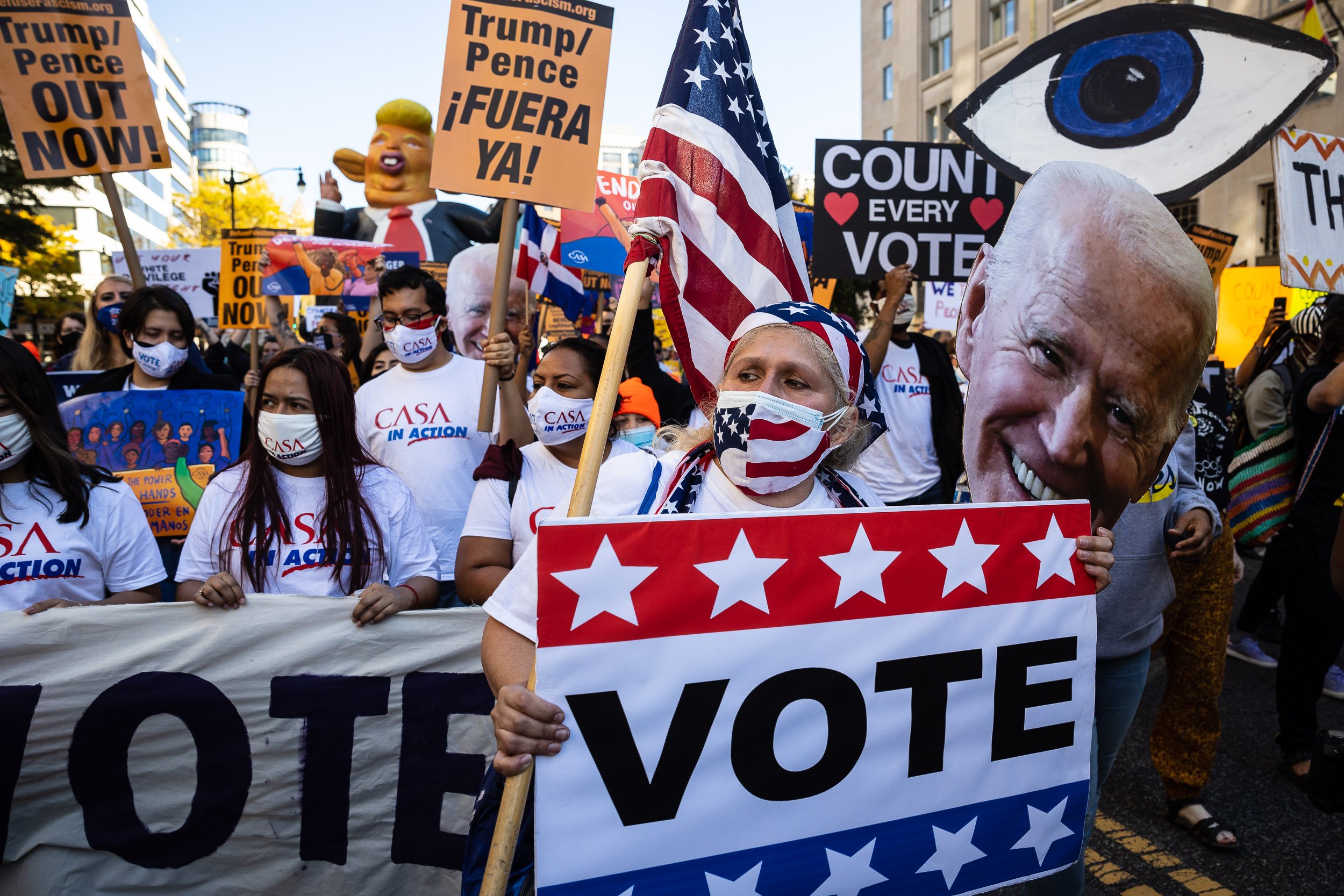  Demonstrators march in Washington, D.C. to demand that all votes in the 2020 presidential election be counted Nov. 6, 2020. 