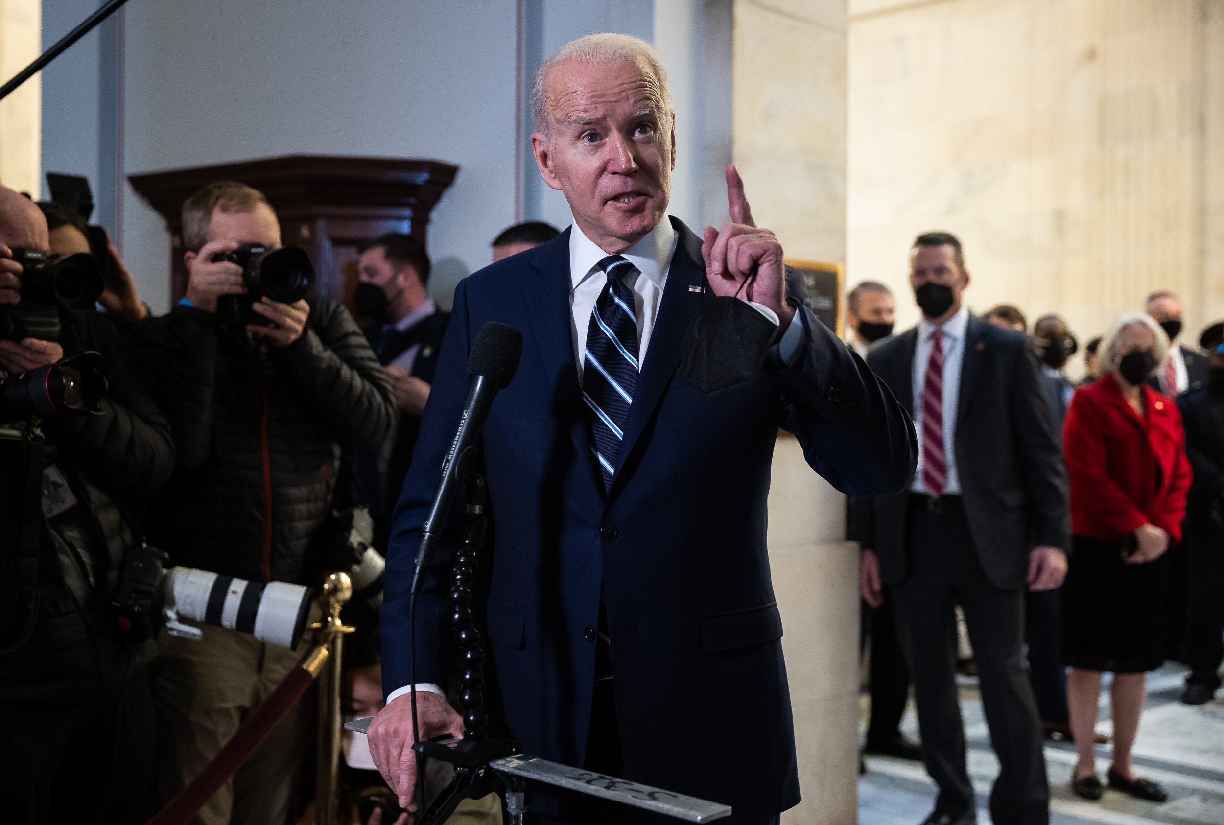  President Joe Biden addresses the media after meeting with Senate Democrats on Capitol Hill Jan. 13, 2022. 