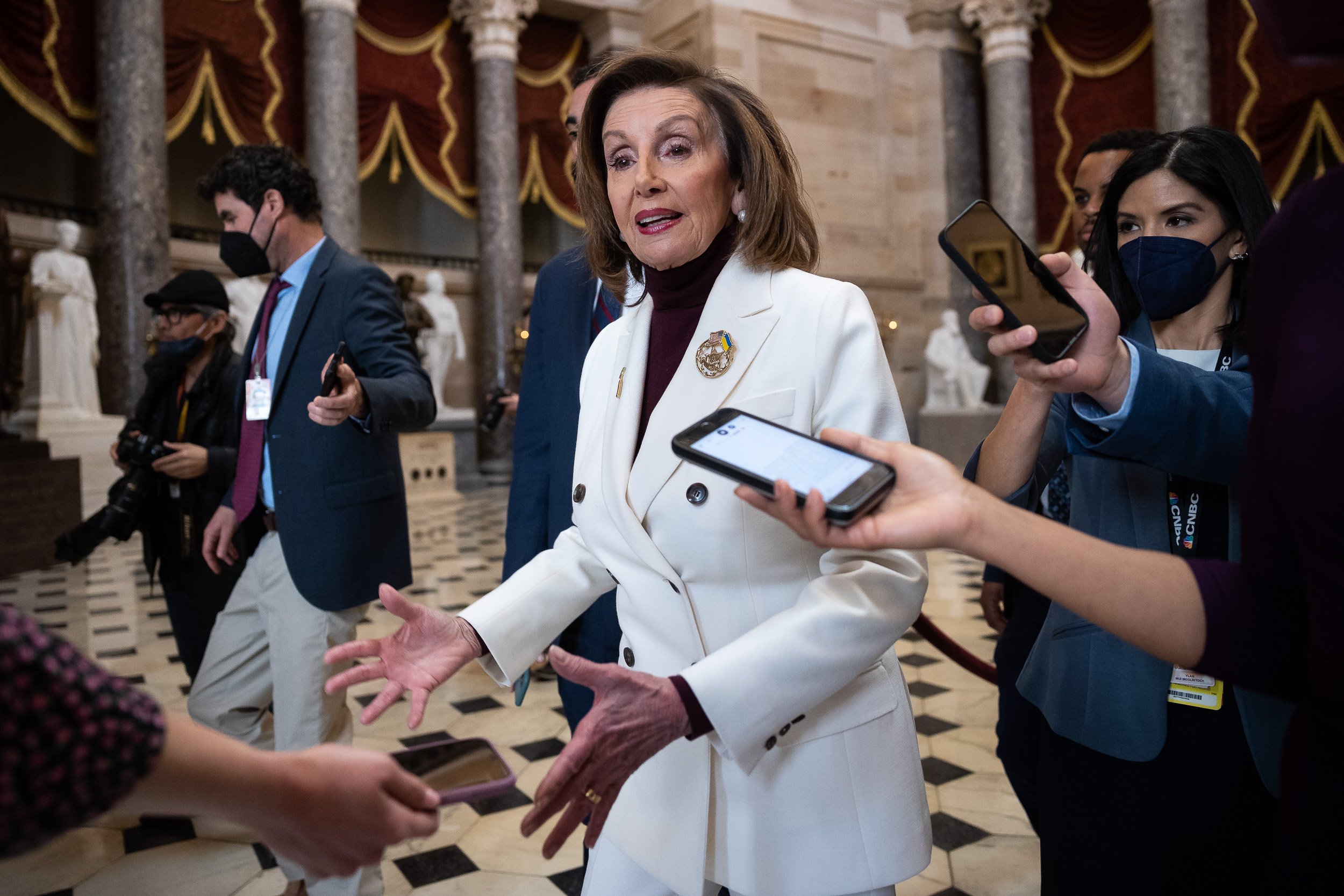  House Speaker Nancy Pelosi (D-Calif.) takes questions from reporters at the U.S. Capitol March 15, 2022. 