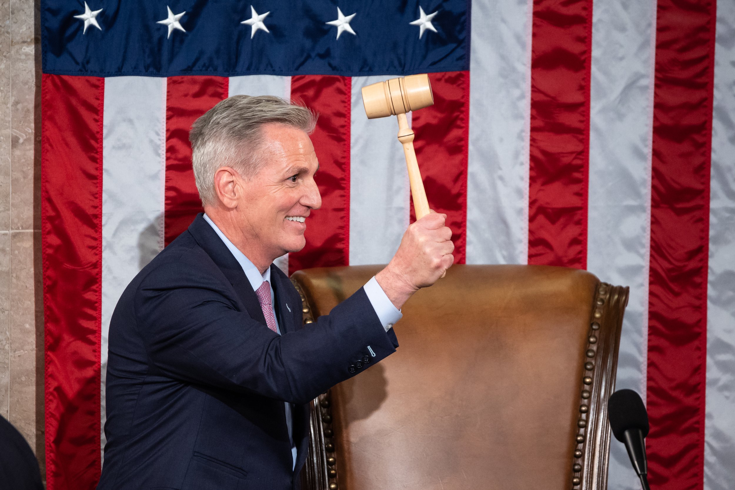  House Speaker Kevin McCarthy (R-Calif.) holds up the Speaker's gavel after winning the House speakership election in the 15th round of voting at the U.S. Capitol Jan. 7, 2023. 