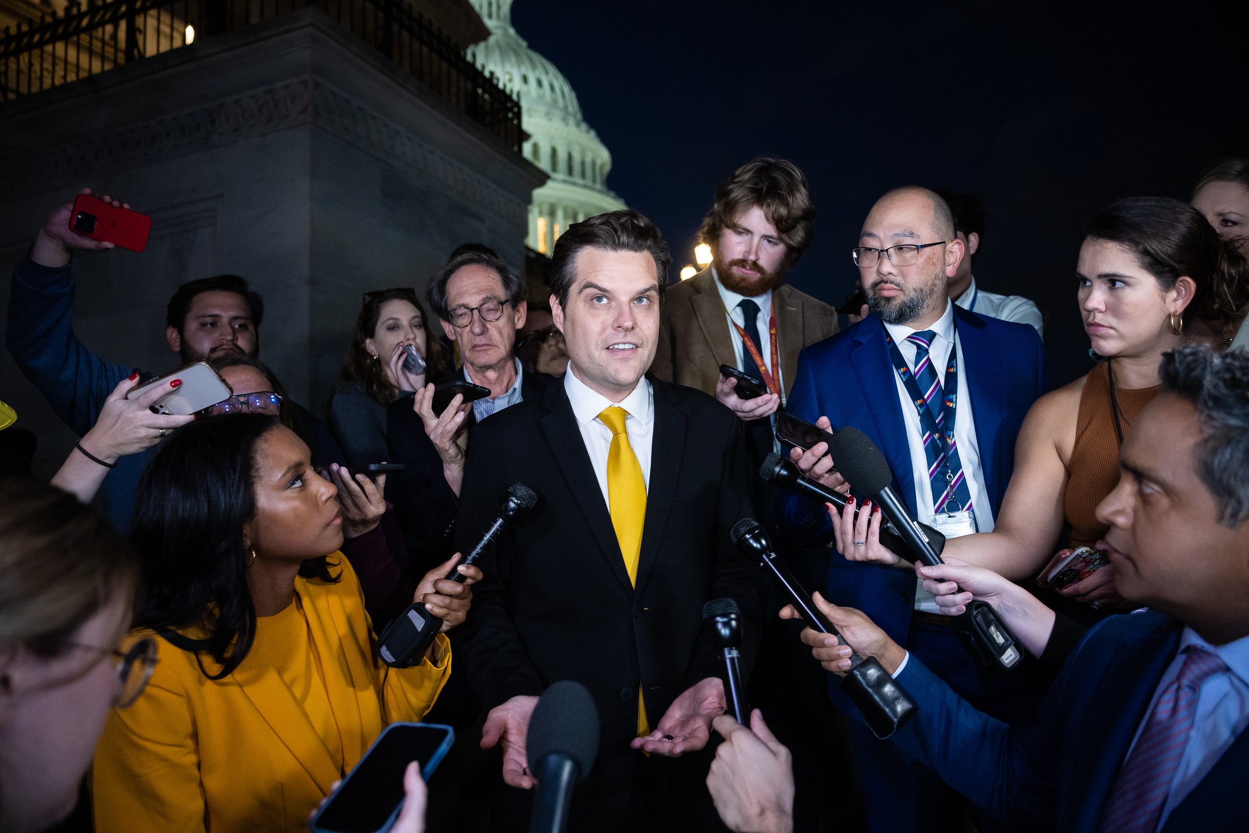  Rep. Matt Gaetz (R-Fla.) speaks with reporters outside the U.S. Capitol after he triggered a motion to remove Rep. Kevin McCarthy (R-Calif.) from his position as Speaker of the House Oct. 2, 2023.  