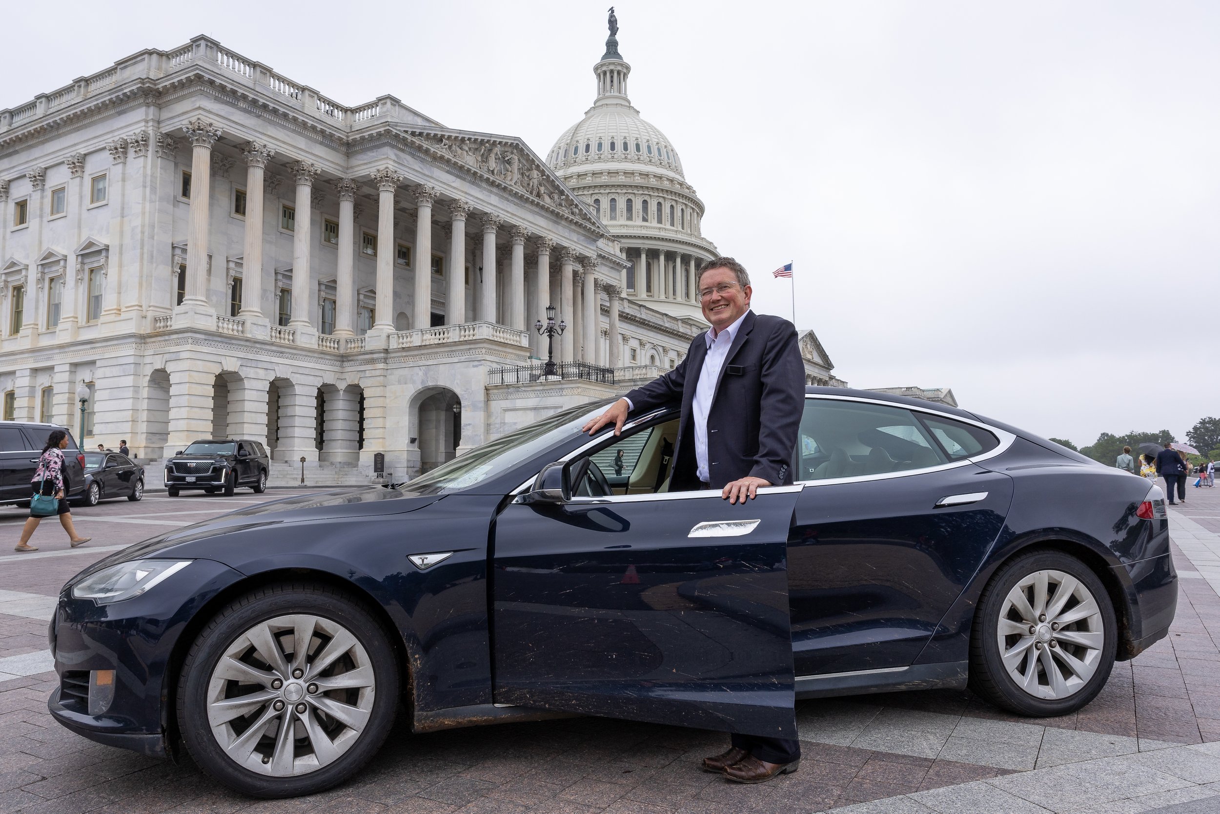  Rep. Thomas Massie (R-Ky.) is seen with his Tesla electric vehicle outside the U.S. Capitol June 22, 2023. 