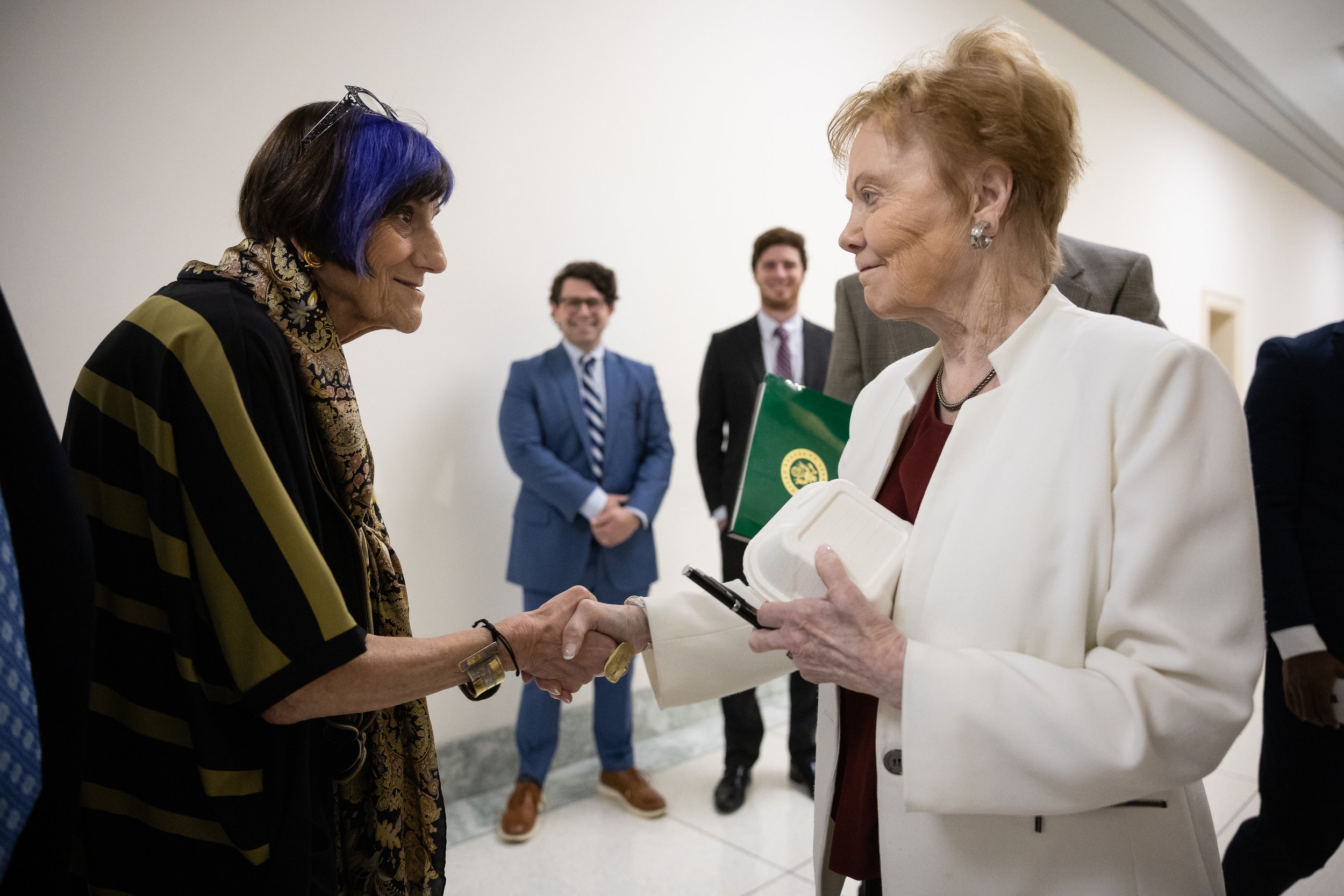  House Appropriations Committee Ranking Member Rosa DeLauro (D-Conn.) and Chair Kay Granger (R-Texas) shake hands after a contentious markup on Capitol Hill June 15, 2023. 