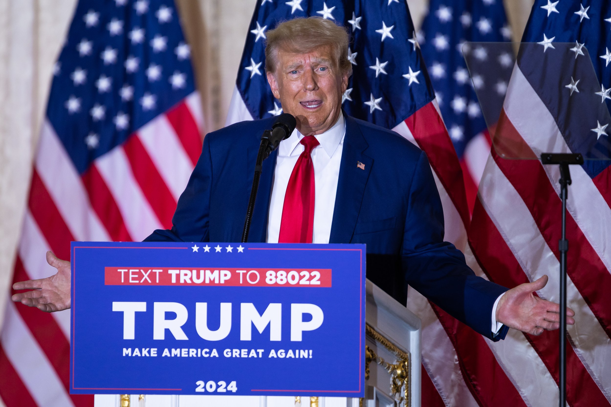  Former President Donald Trump addresses supporters at the Mar-A-Lago Club in Palm Beach, Fla., April 4, 2023. Earlier in the day, Trump was arraigned in New York City on 34 felony counts of falsifying business records. 